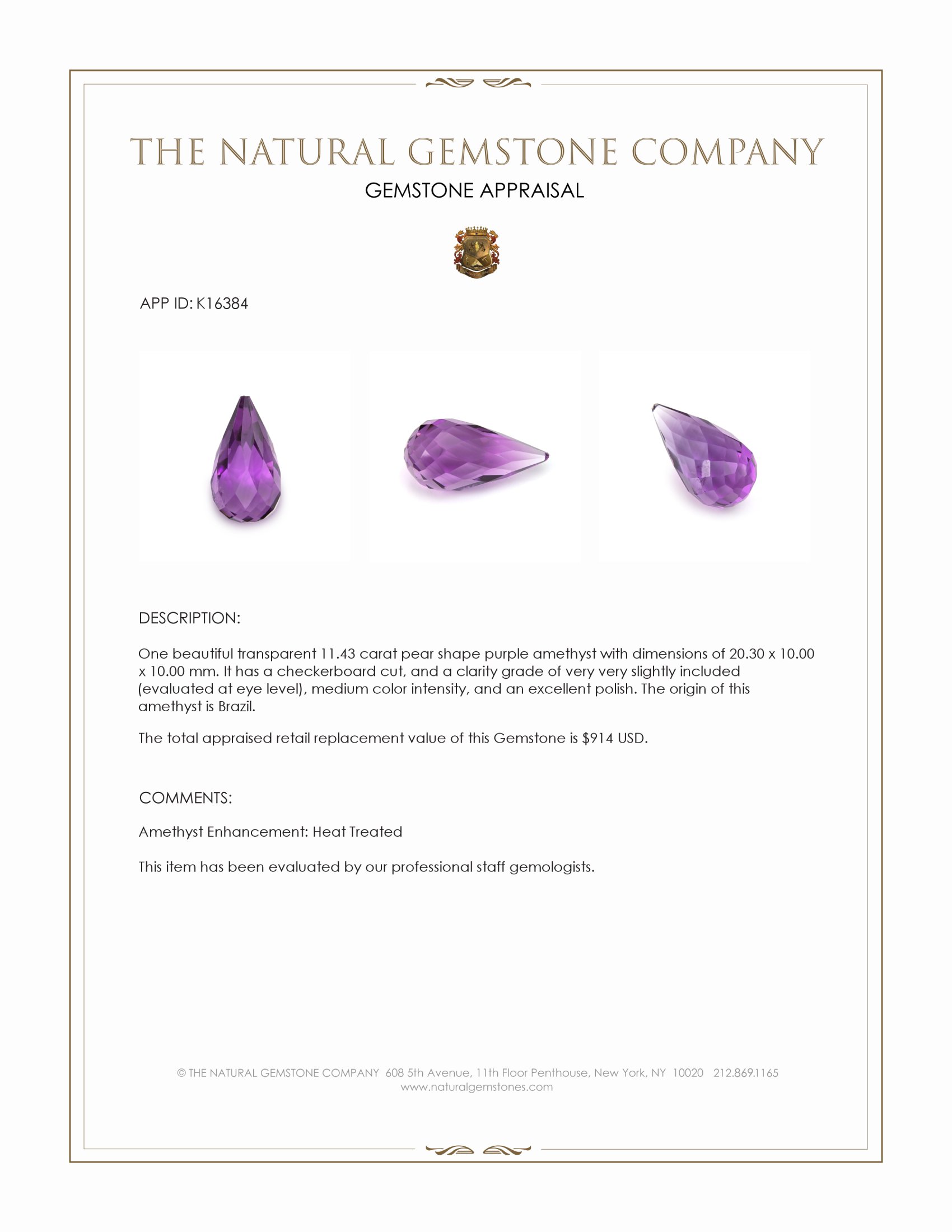 11.43 Ct. Purple Amethyst from Brazil