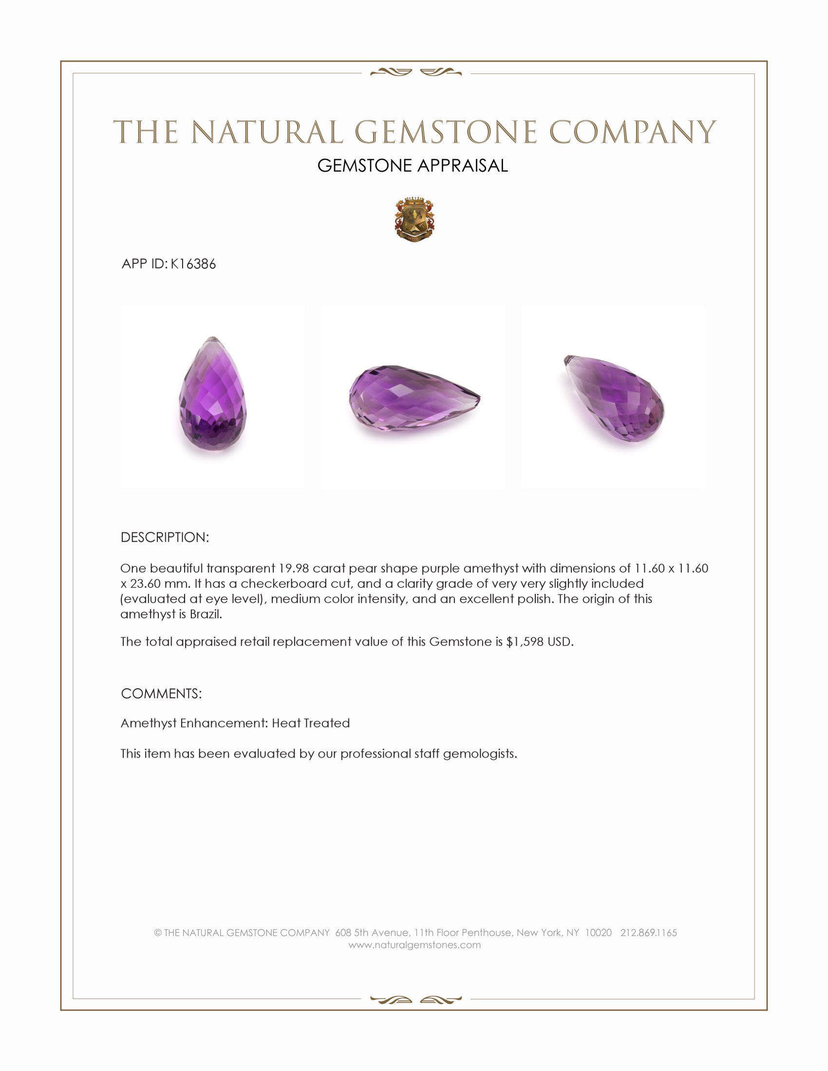 19.98 Ct. Purple Amethyst from Brazil