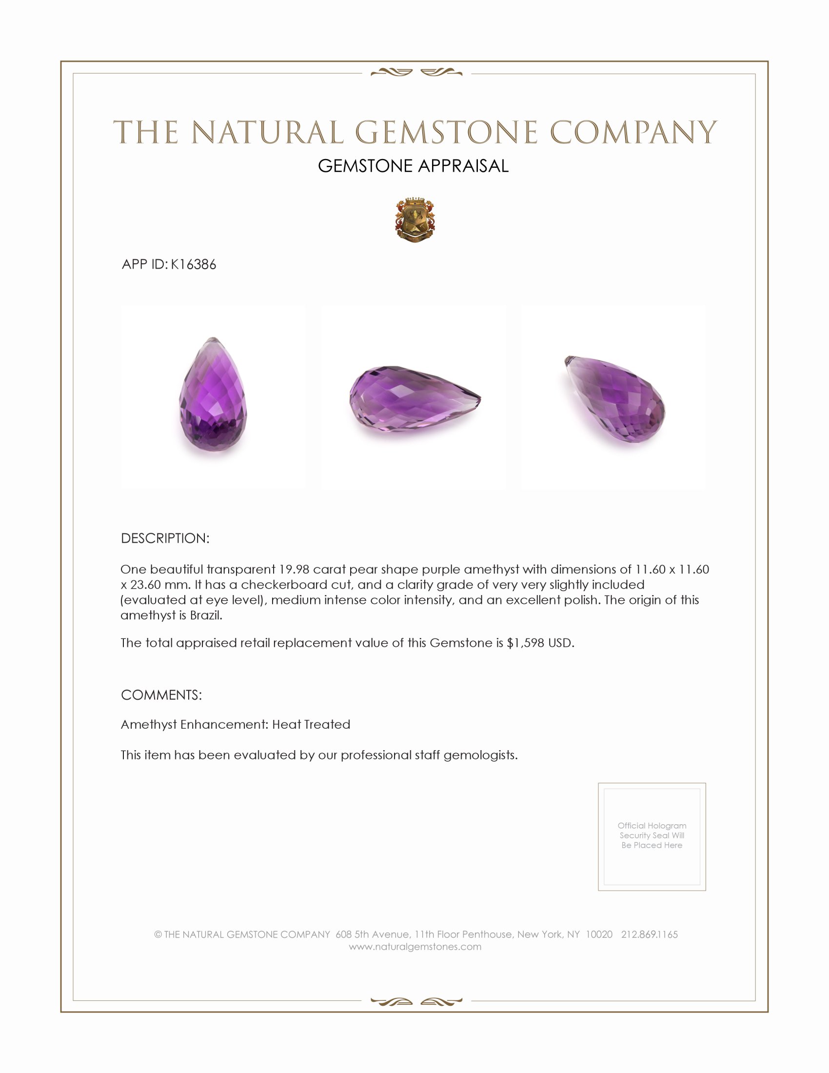 19.98 Ct. Amethyst from Brazil