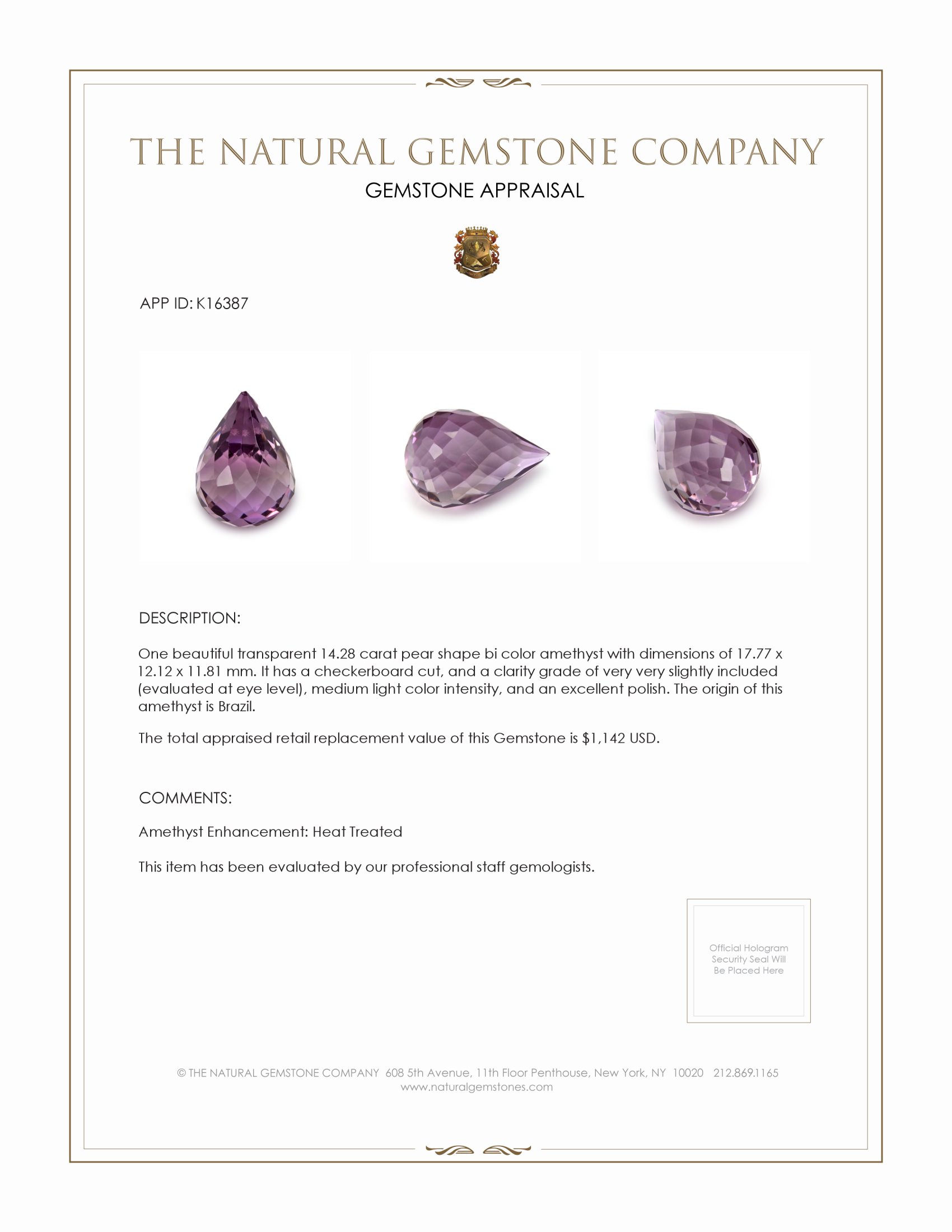 14.28 Ct. Amethyst from Brazil