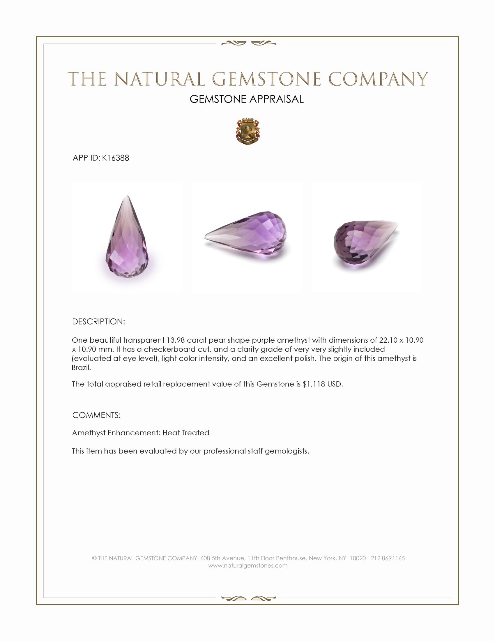 13.98 Ct. Amethyst from Brazil