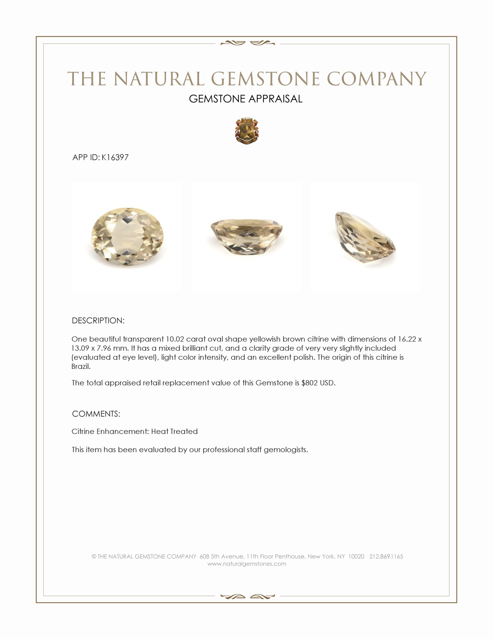 10.02 Ct. Yellowish Brown Citrine from Brazil