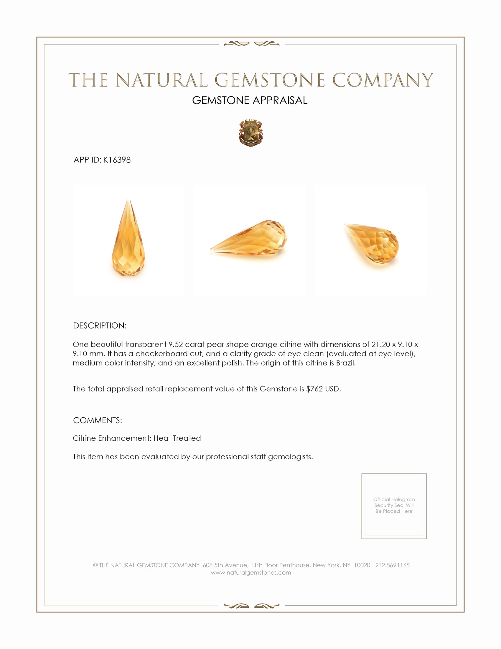 9.52 Ct. Citrine from Brazil