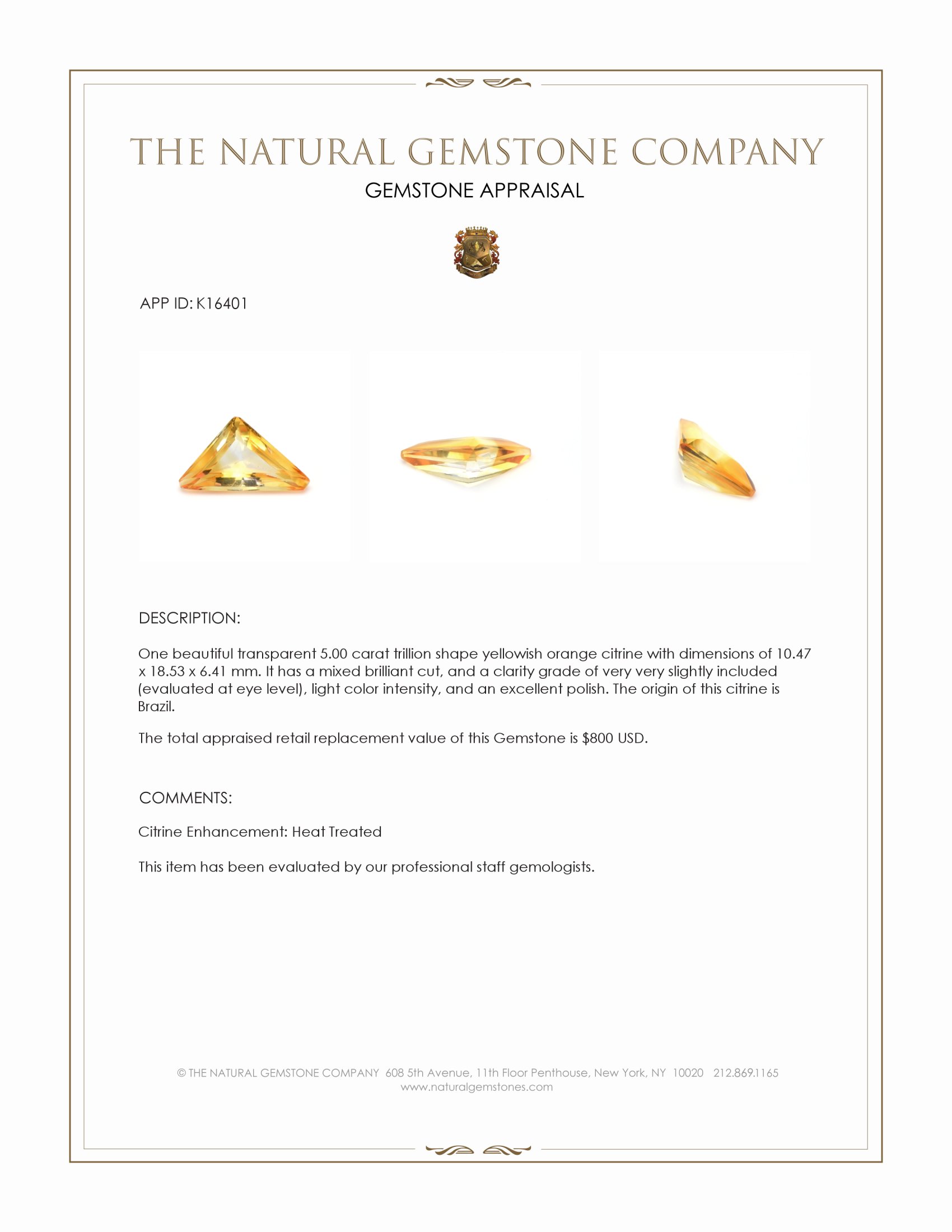 5.00 Ct. Yellowish Orange Citrine from Brazil