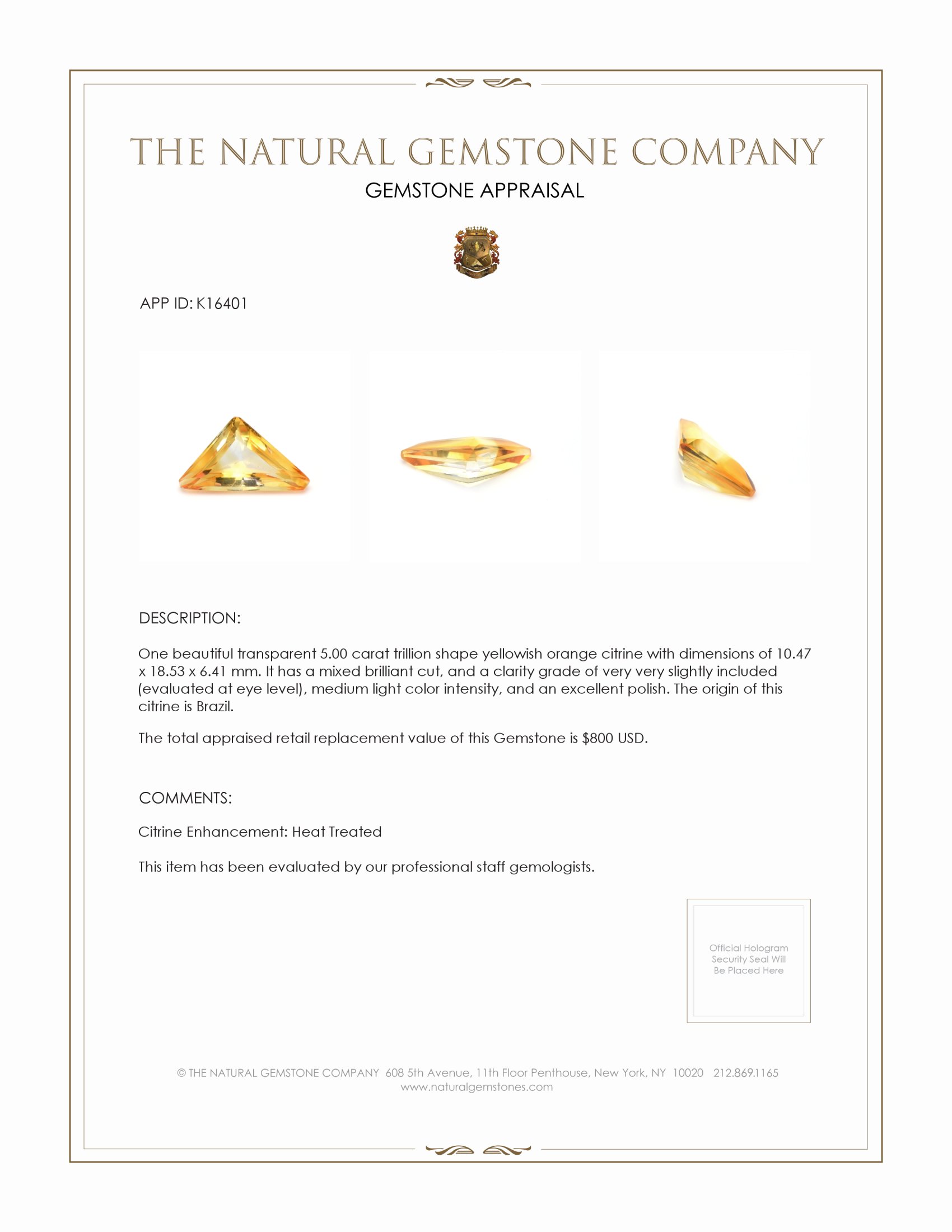 5.00 Ct. Citrine from Brazil