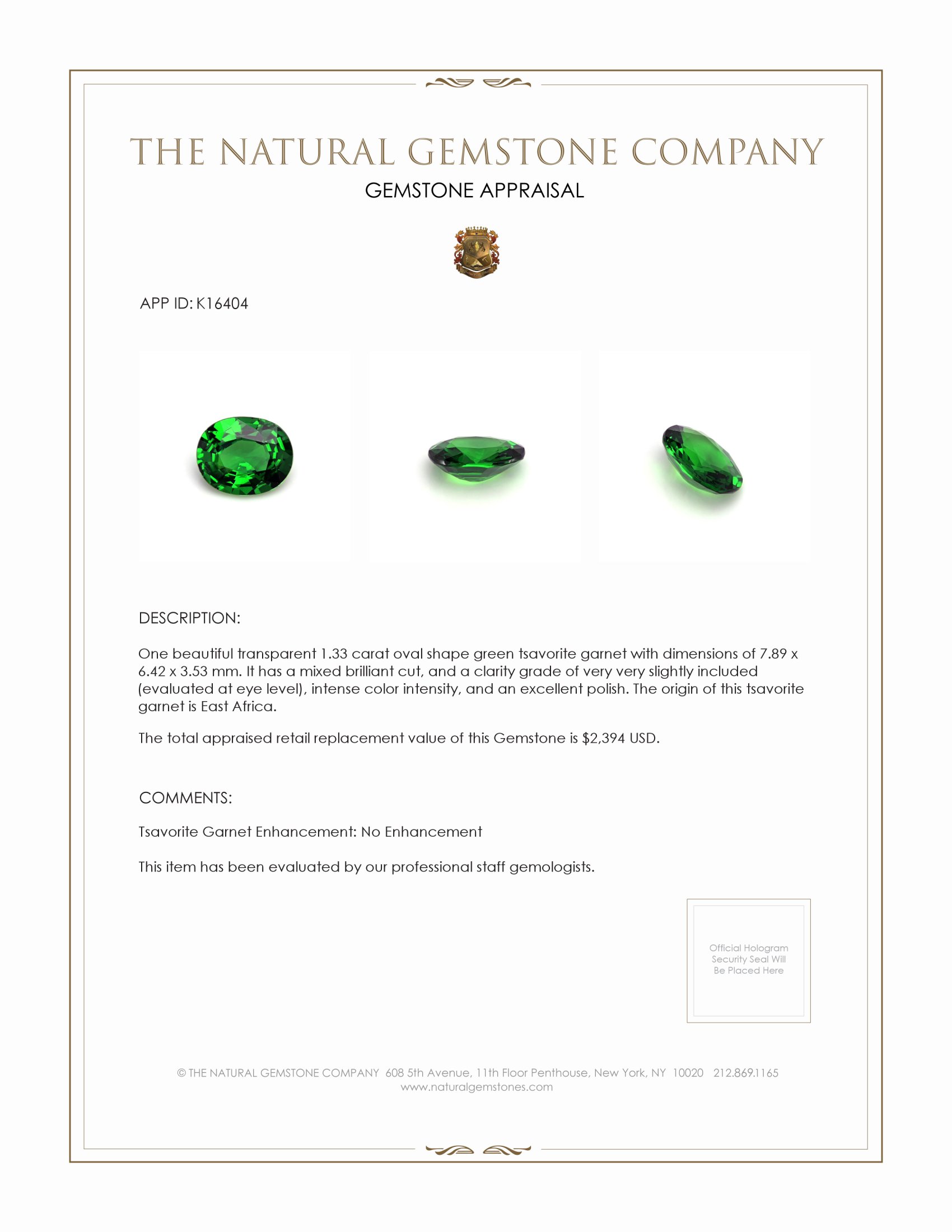 1.33 Ct. Tsavorite Garnet from East Africa