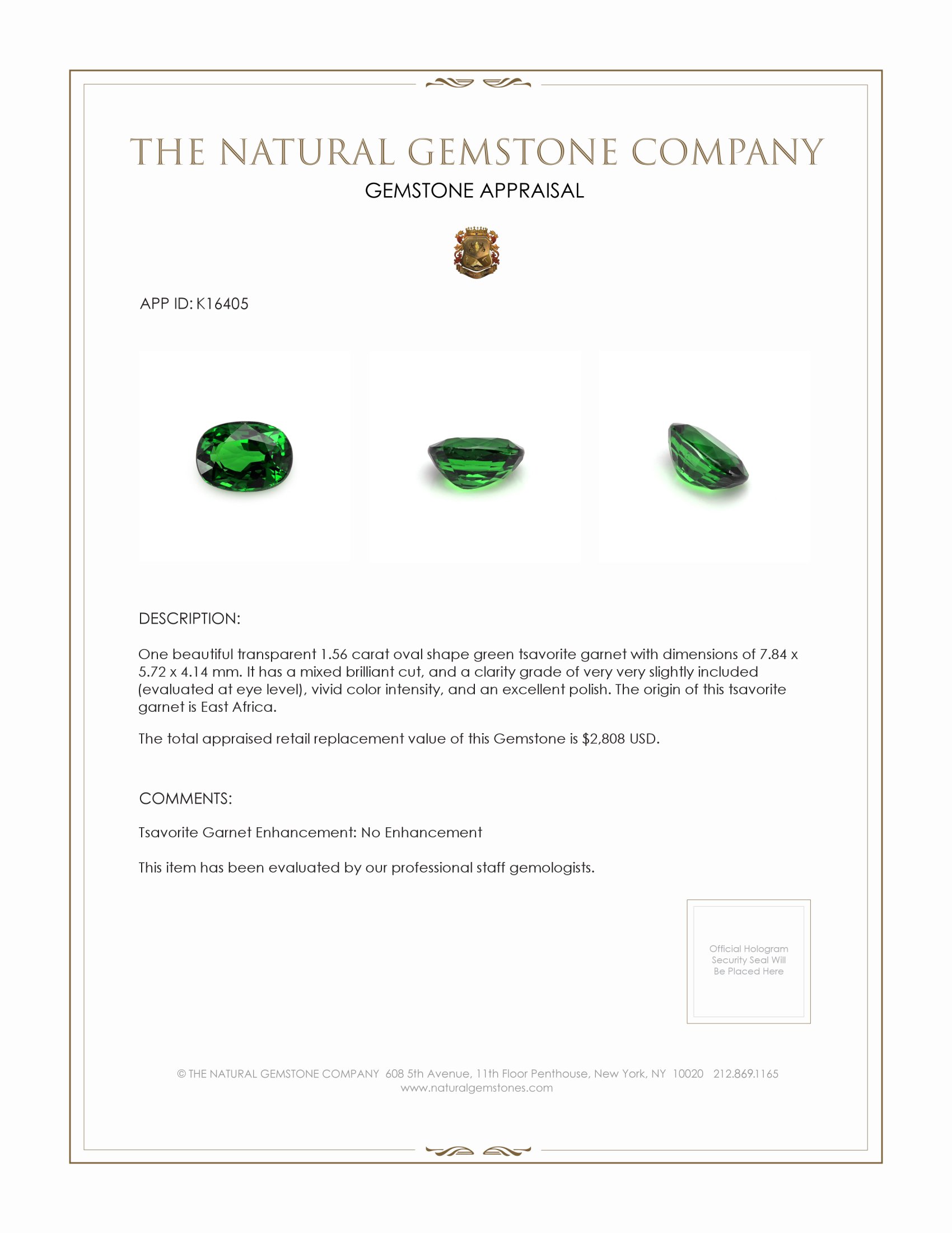 1.56 Ct. Tsavorite Garnet from East Africa