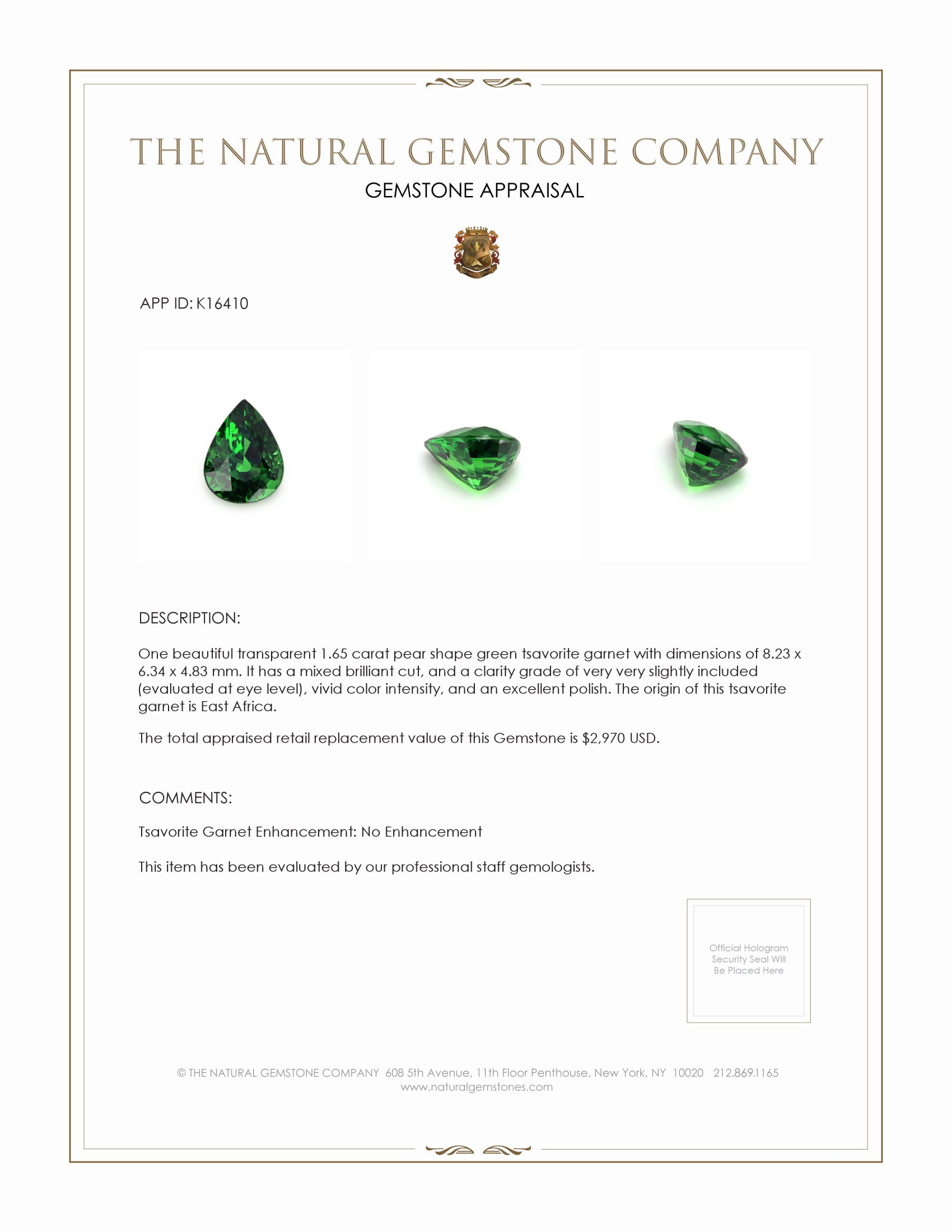 1.65 Ct. Tsavorite Garnet from East Africa