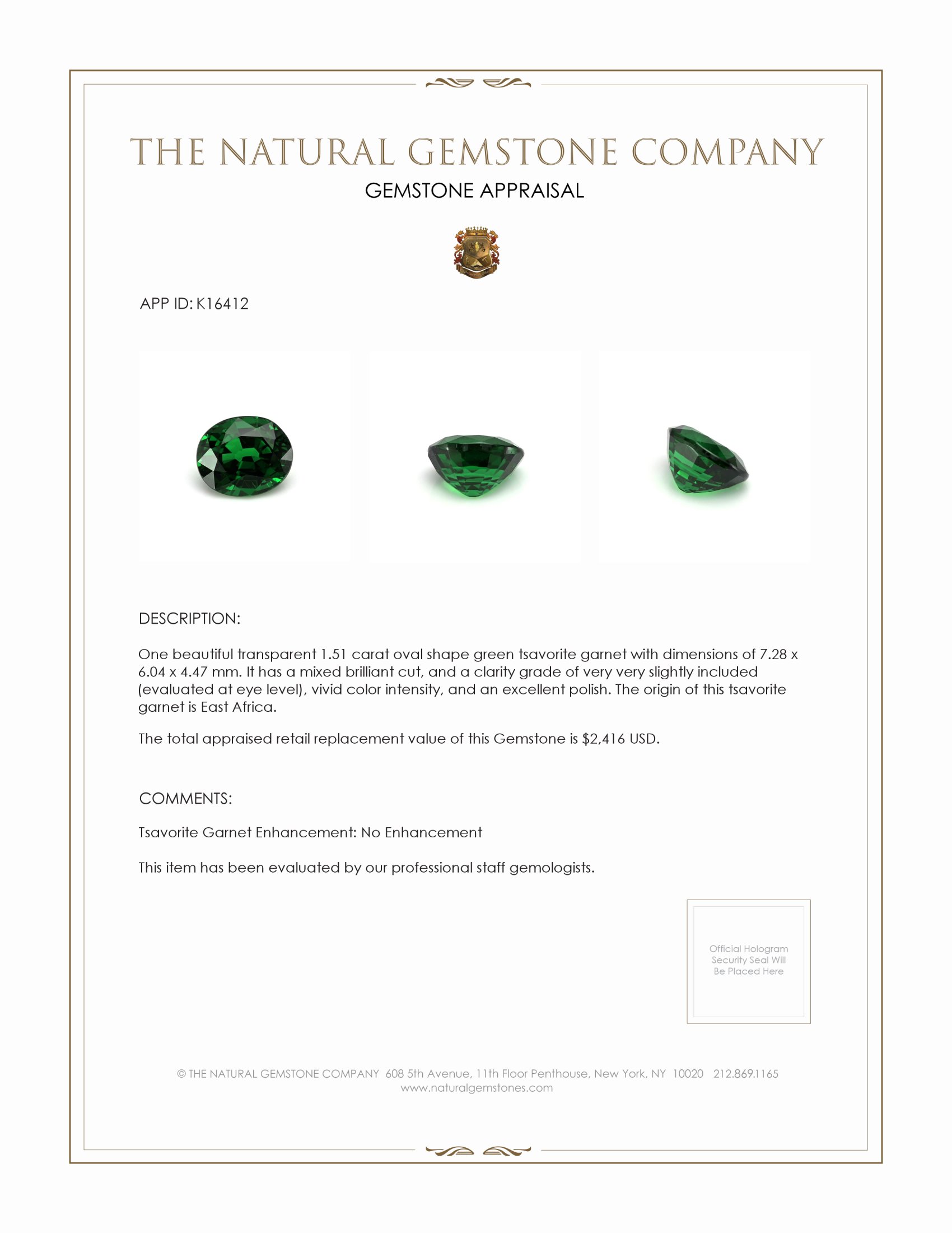 1.51 Ct. Tsavorite Garnet from East Africa