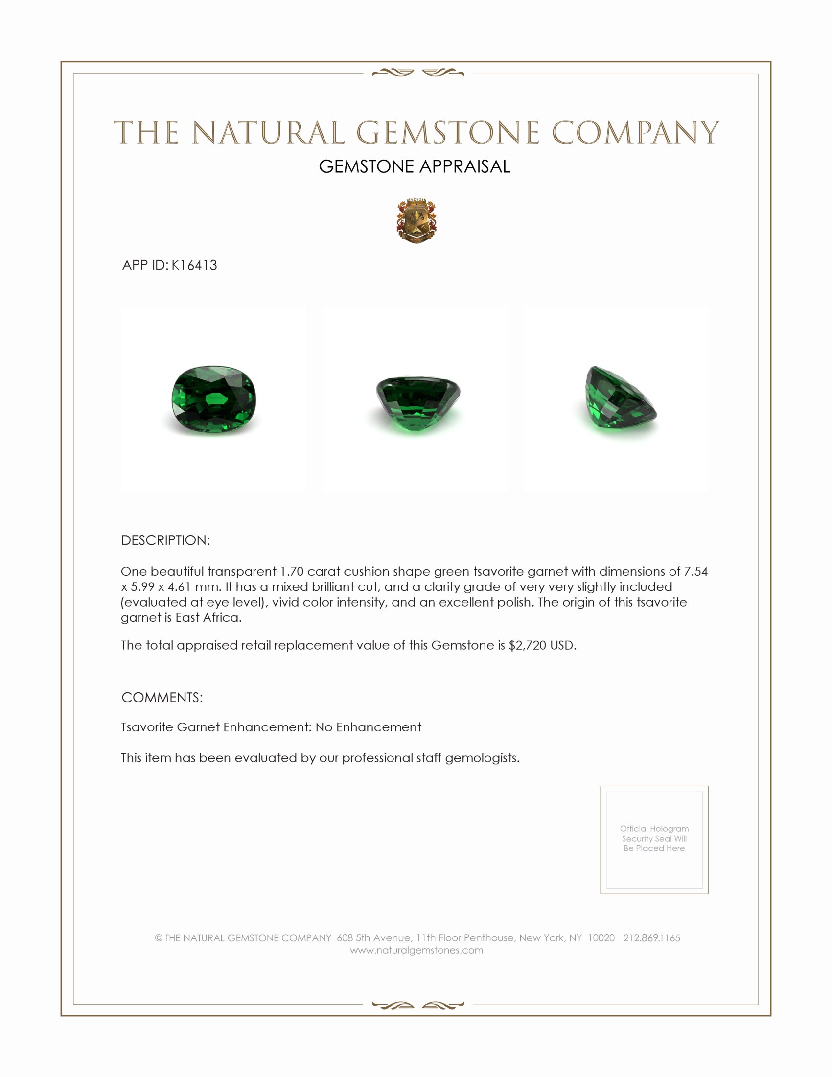 1.70 Ct. Tsavorite Garnet from East Africa