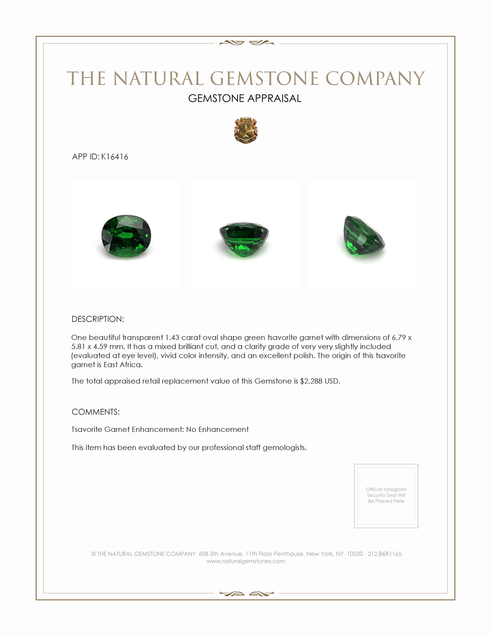 1.43 Ct. Tsavorite Garnet from East Africa