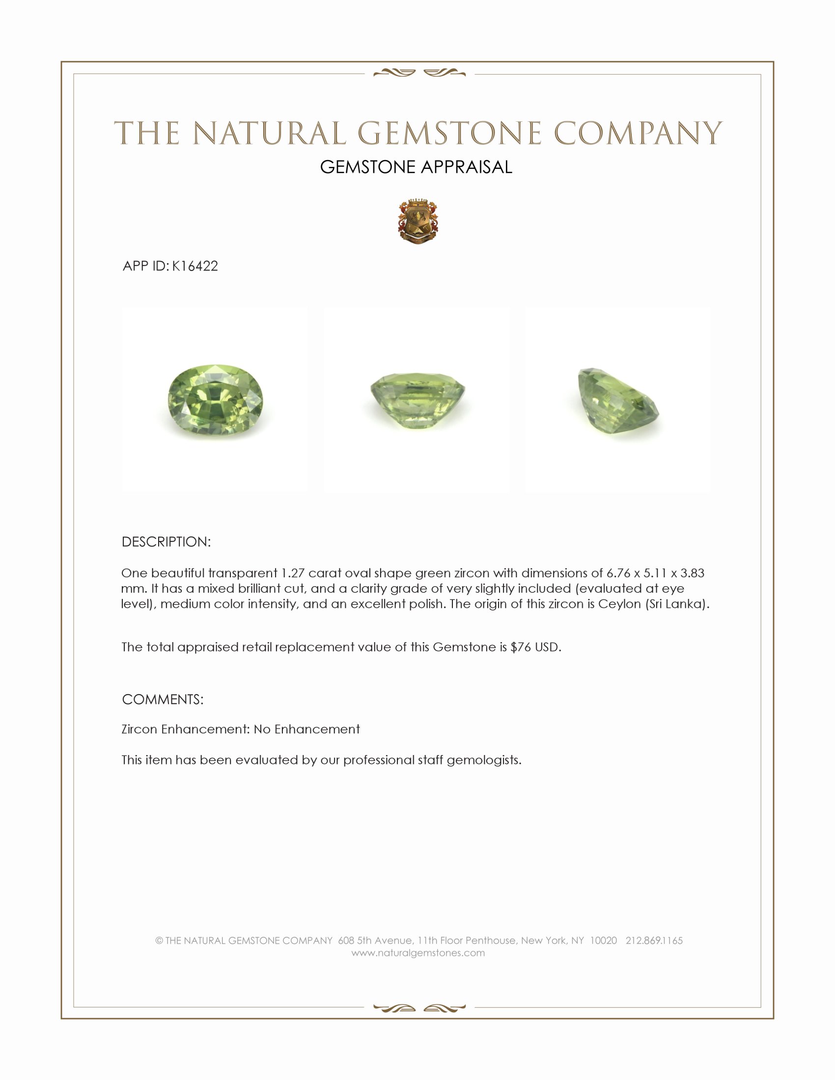 1.27 Ct. Green Zircon from Ceylon (Sri Lanka)