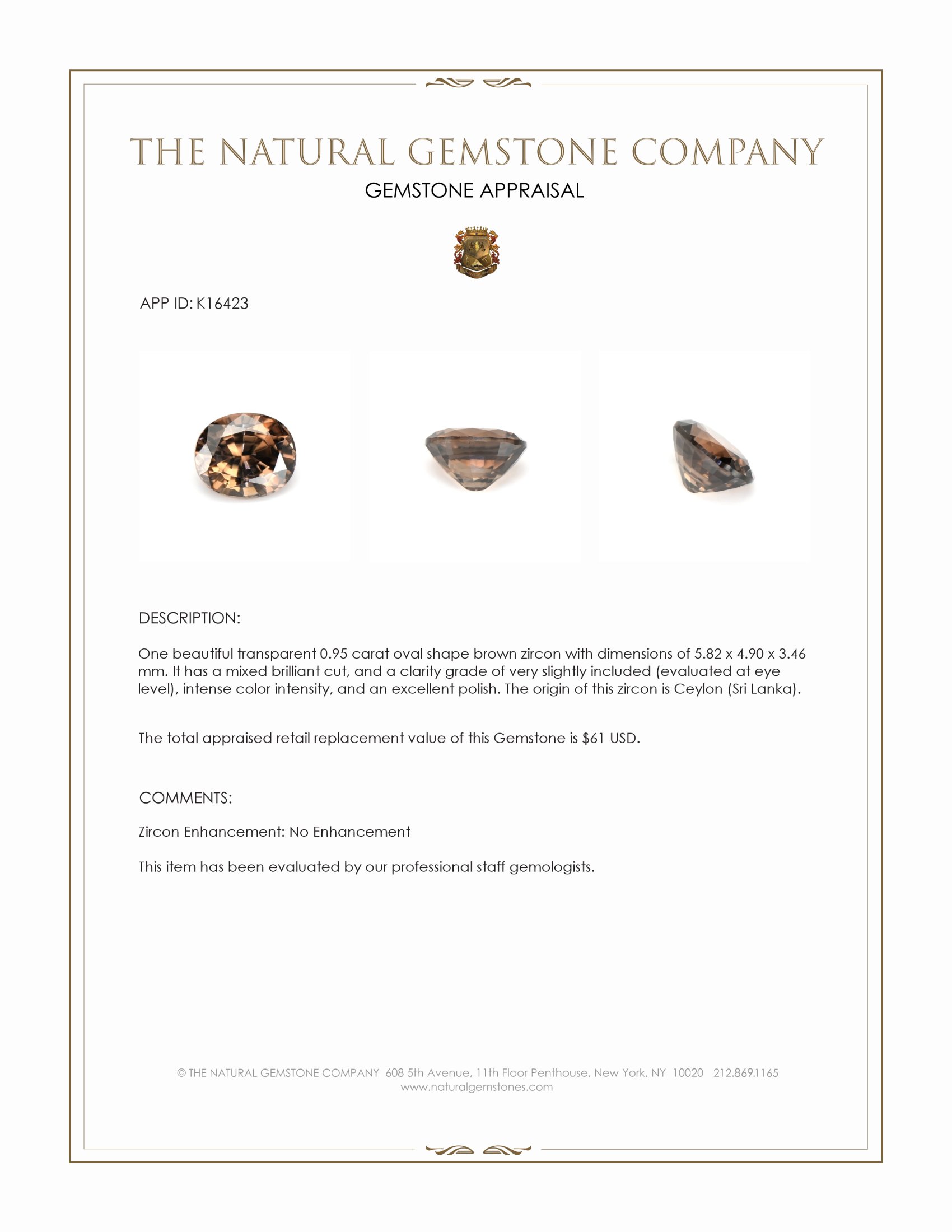 0.95 Ct. Brown Zircon from Ceylon (Sri Lanka)