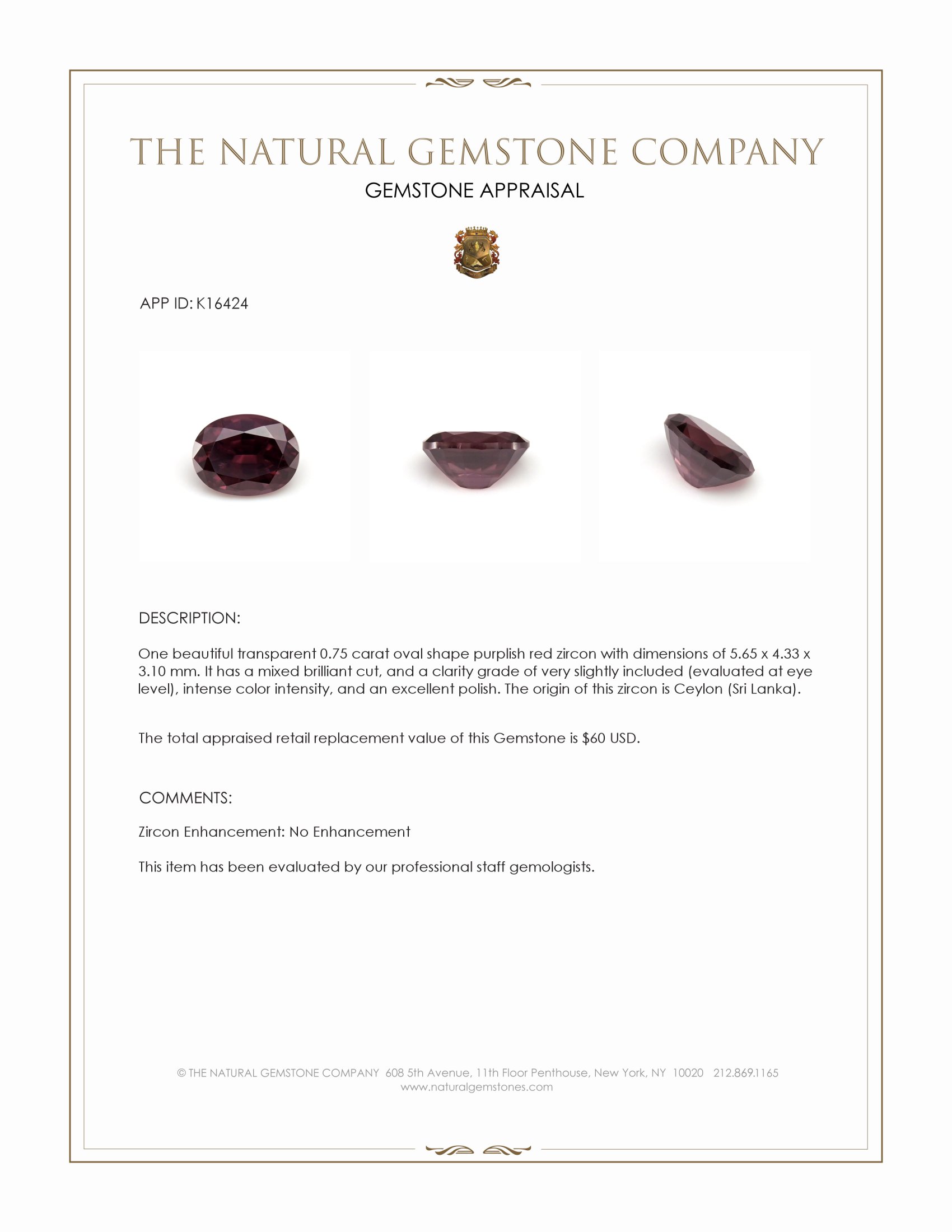0.75 Ct. Purplish Red Zircon from Ceylon (Sri Lanka)
