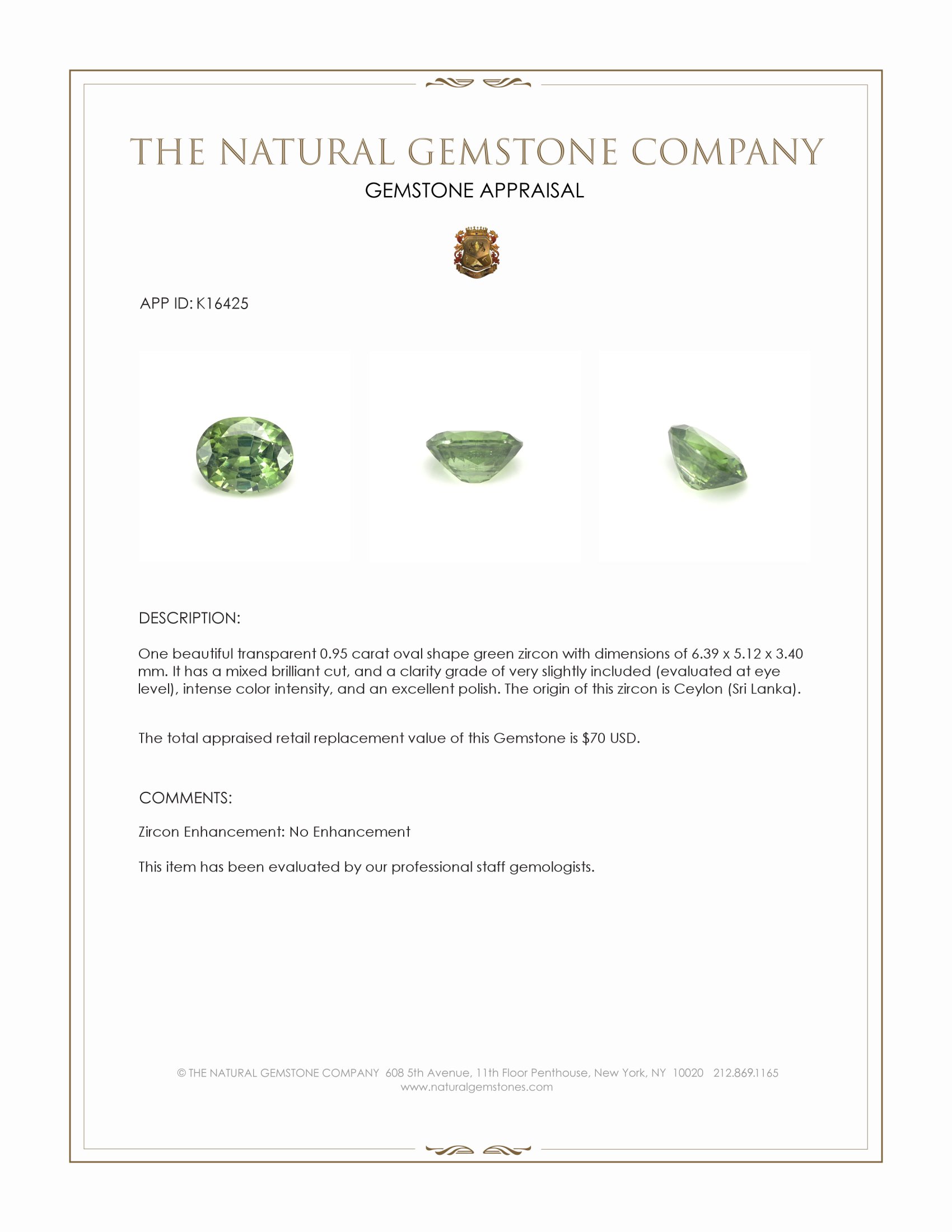0.95 Ct. Green Zircon from Ceylon (Sri Lanka)