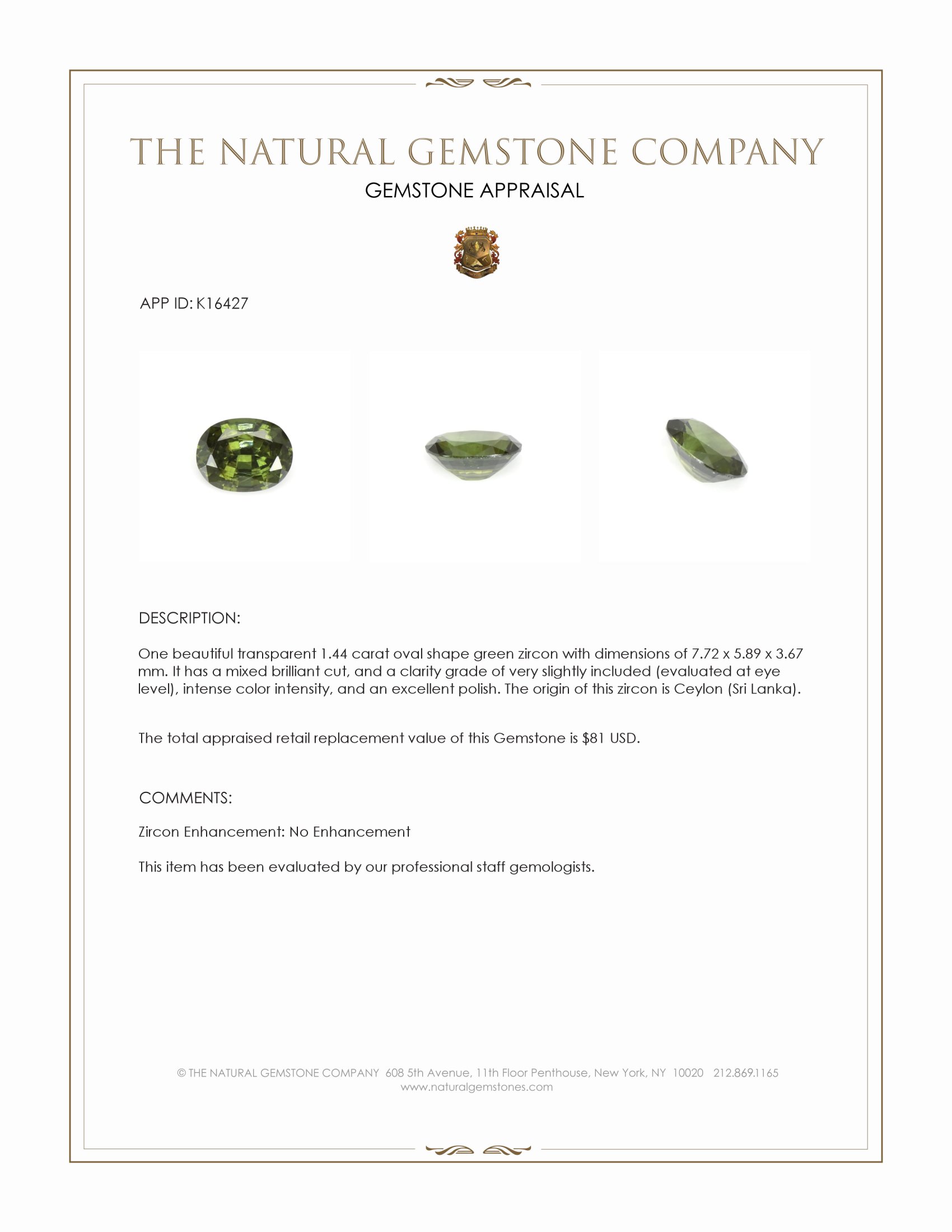 1.44 Ct. Green Zircon from Ceylon (Sri Lanka)