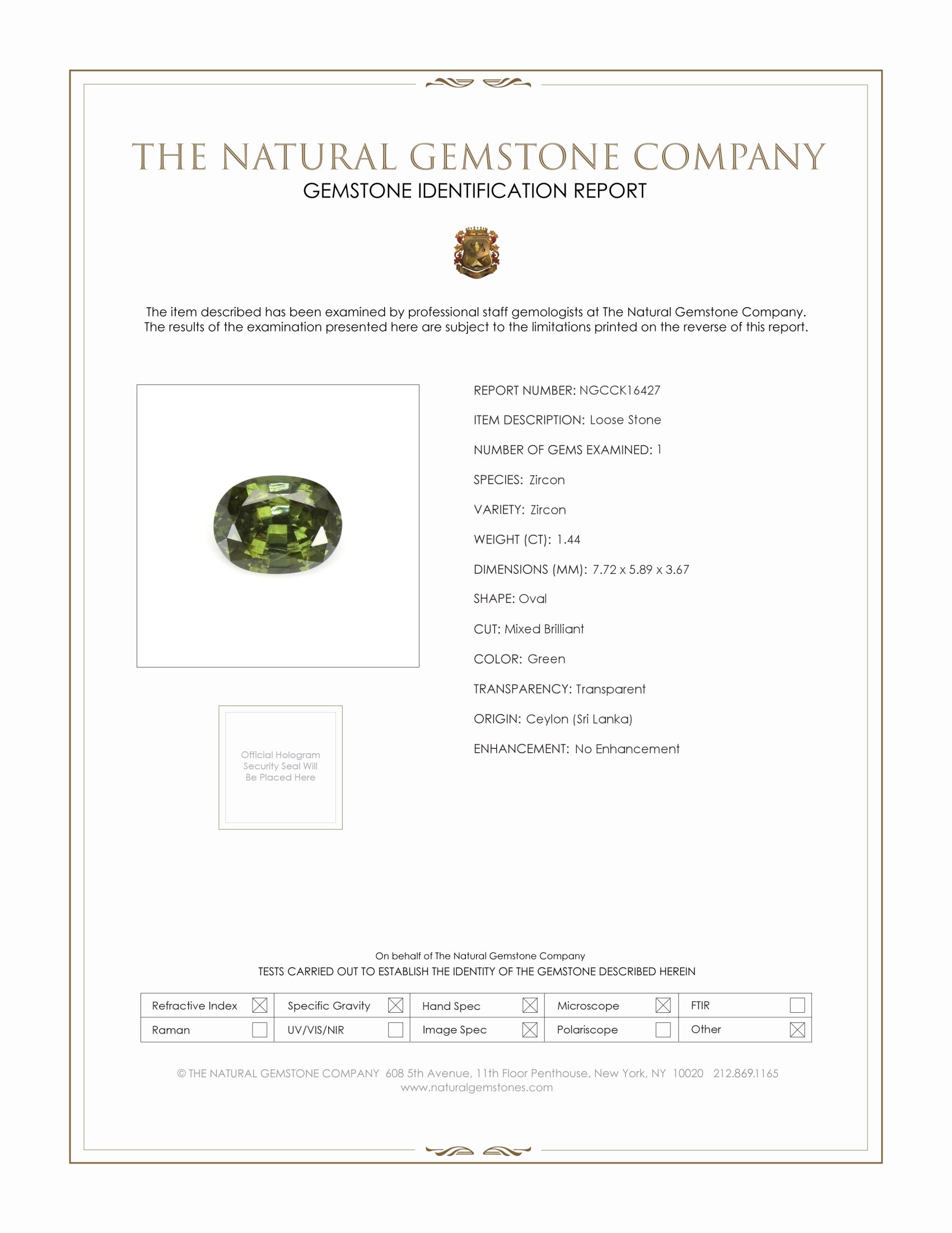 1.44 Ct. Green Zircon from Ceylon (Sri Lanka)