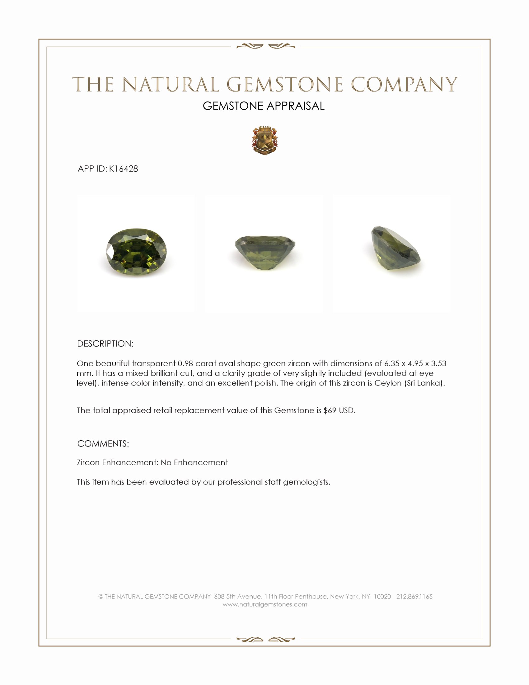 0.98 Ct. Green Zircon from Ceylon (Sri Lanka)
