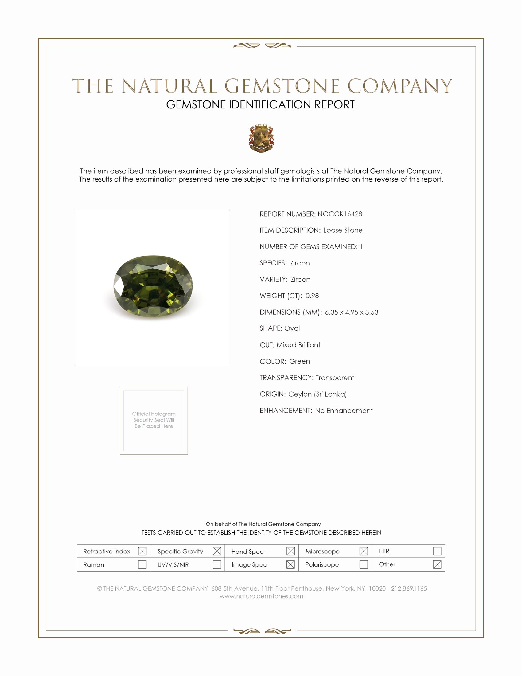 0.98 Ct. Green Zircon from Ceylon (Sri Lanka)