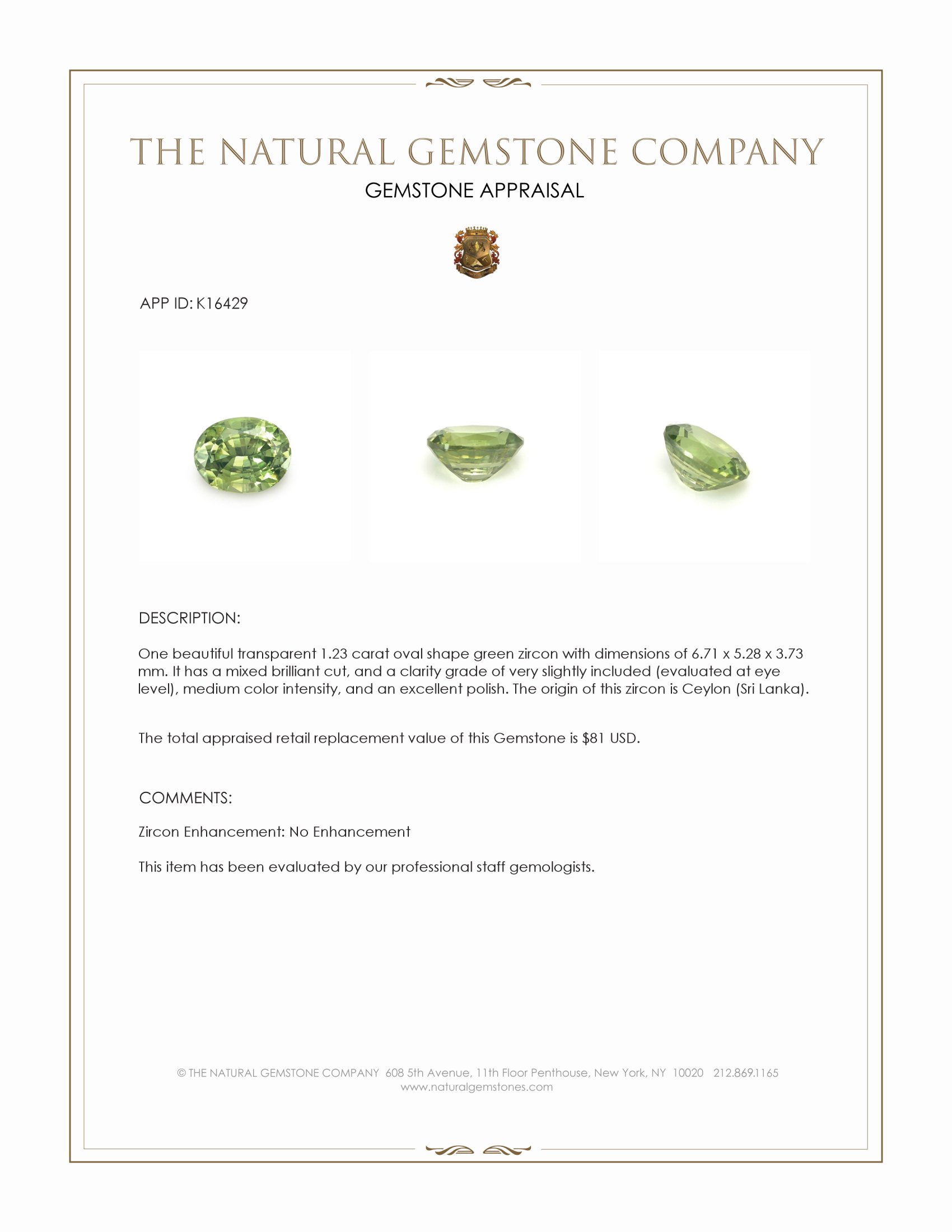 1.23 Ct. Green Zircon from Ceylon (Sri Lanka)