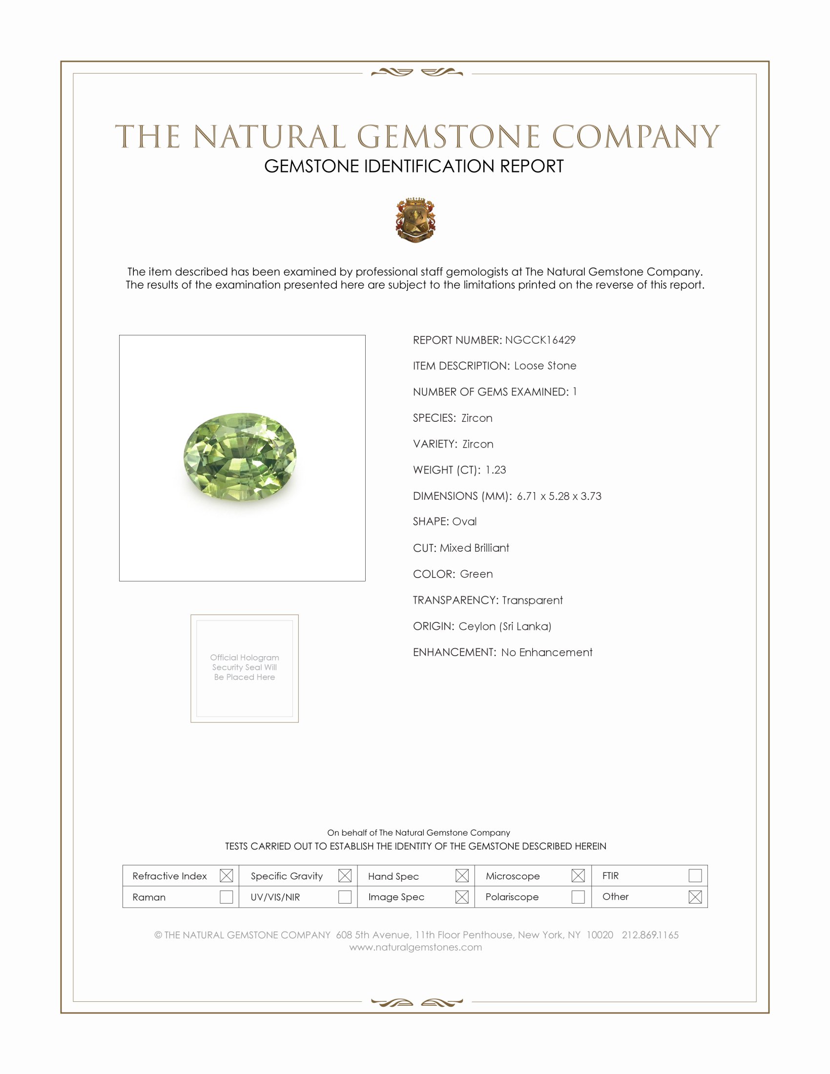 1.23 Ct. Green Zircon from Ceylon (Sri Lanka)