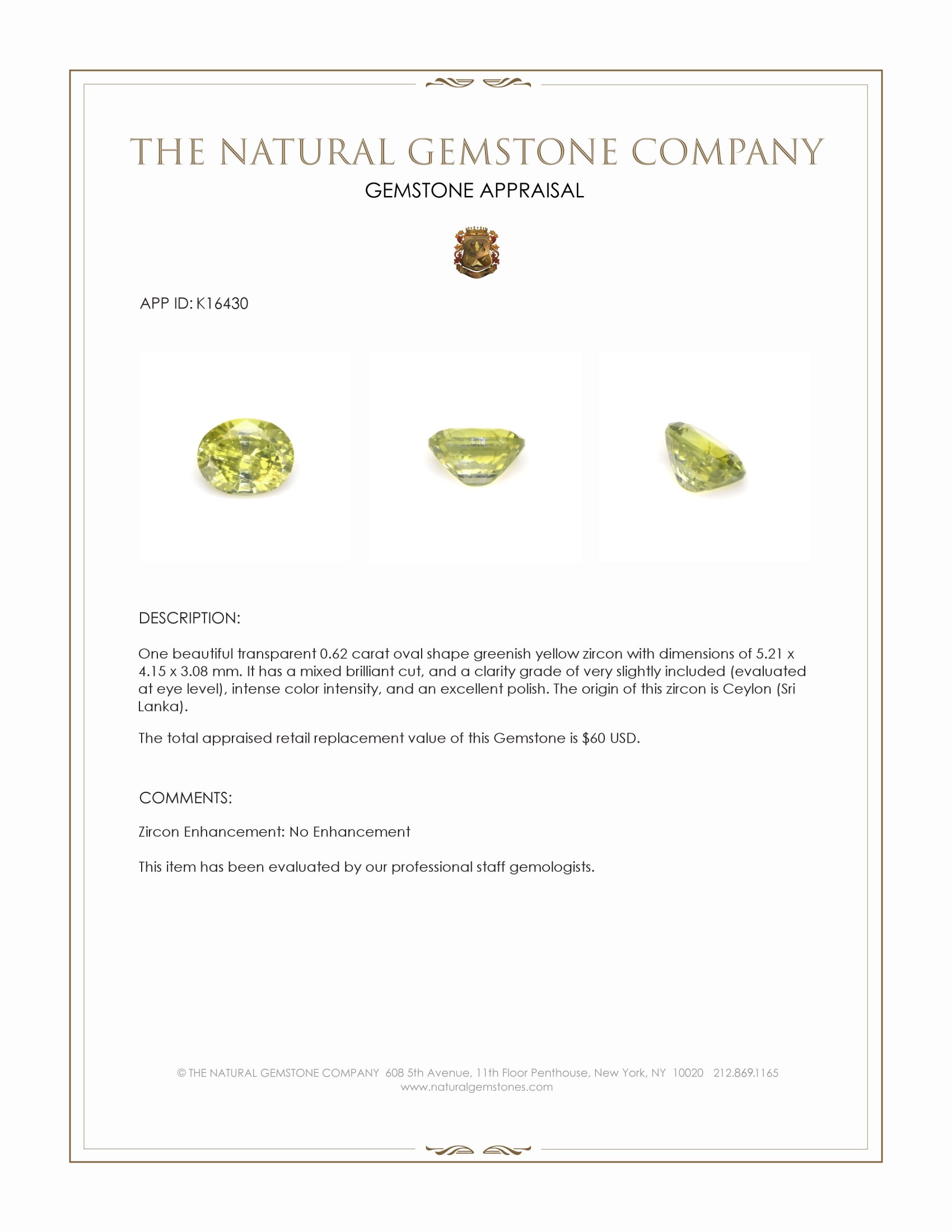 0.62 Ct. Greenish Yellow Zircon from Ceylon (Sri Lanka)