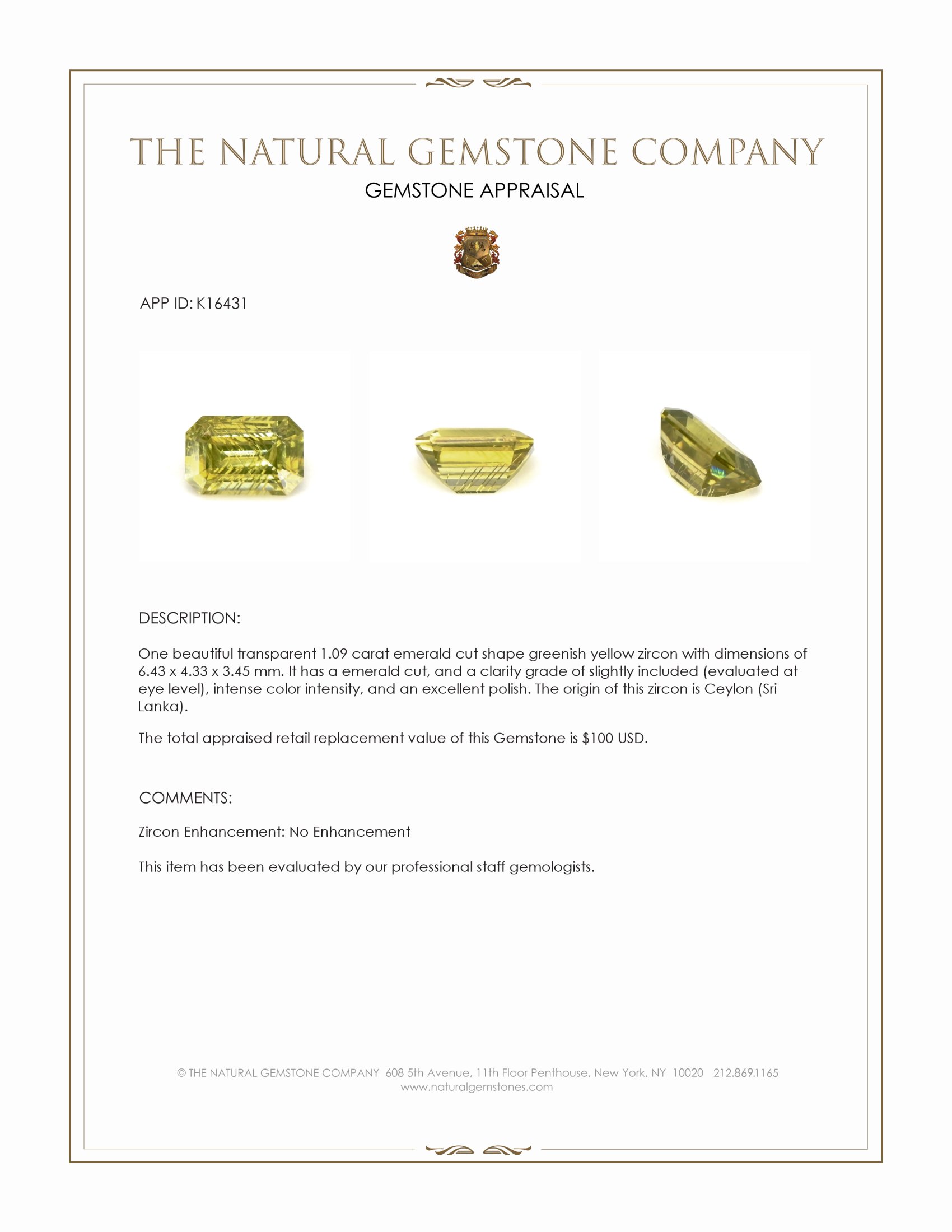 1.09 Ct. Greenish Yellow Zircon from Ceylon (Sri Lanka)