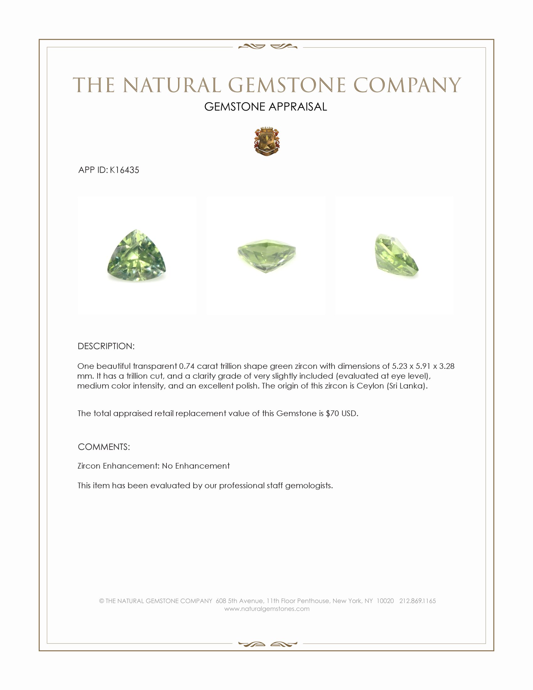 0.74 Ct. Green Zircon from Ceylon (Sri Lanka)