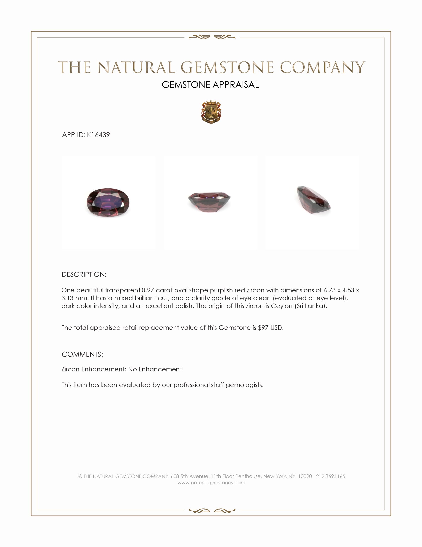 0.97 Ct. Purplish Red Zircon from Ceylon (Sri Lanka)