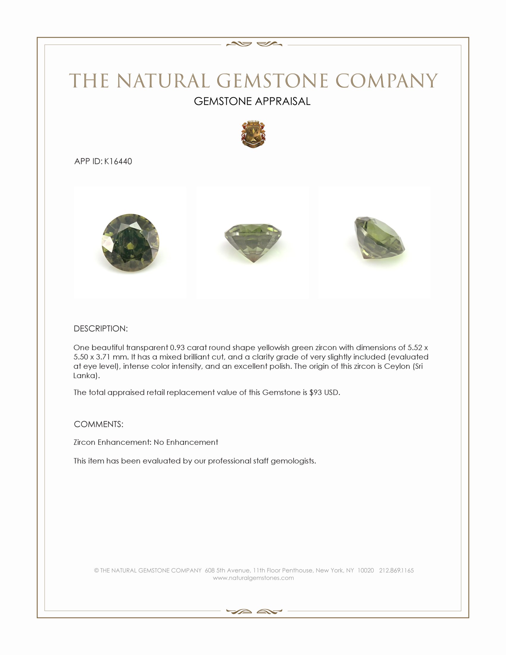 0.93 Ct. Yellowish Green Zircon from Ceylon (Sri Lanka)