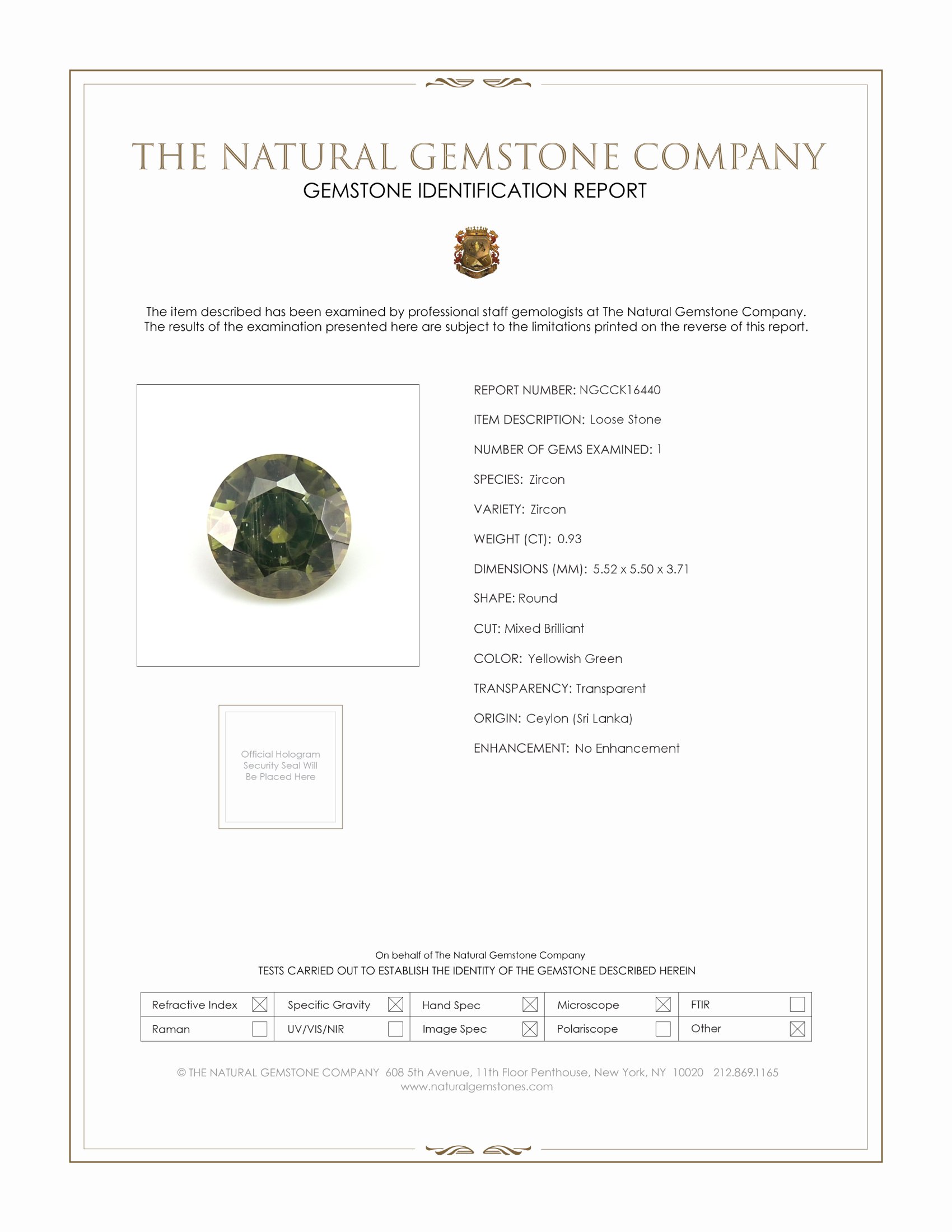 0.93 Ct. Yellowish Green Zircon from Ceylon (Sri Lanka)