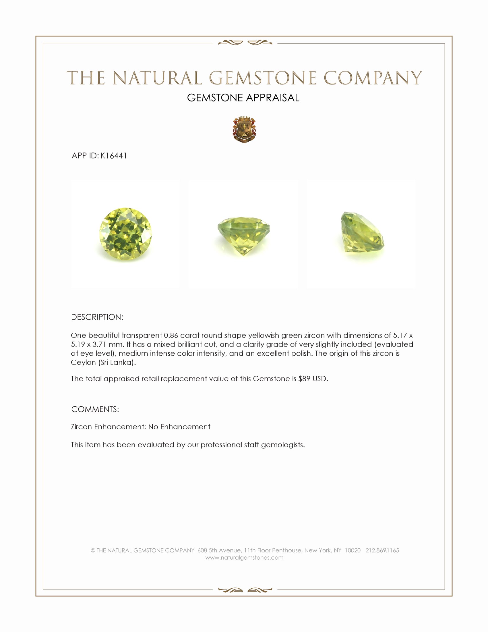 0.86 Ct. Yellowish Green Zircon from Ceylon (Sri Lanka)