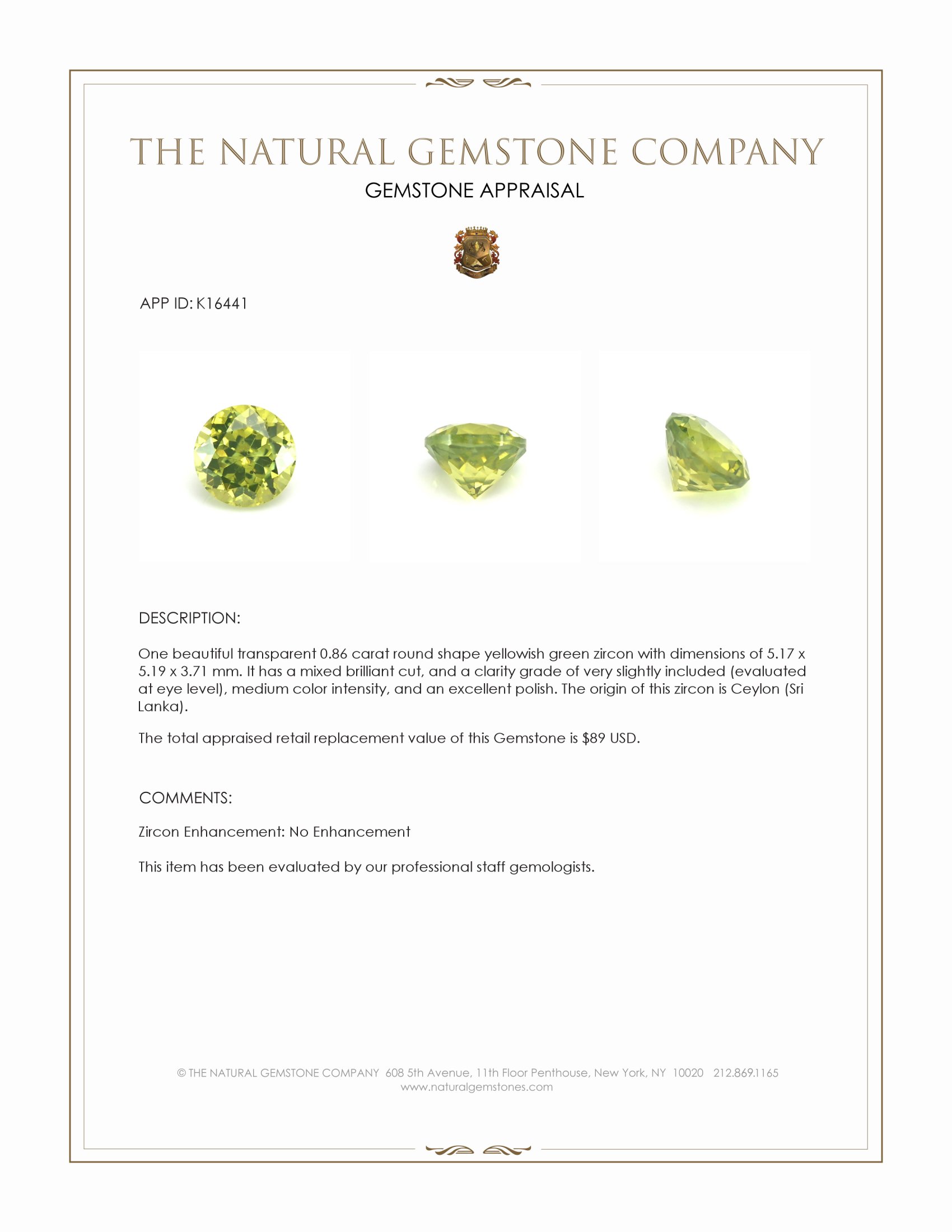 0.86 Ct. Yellowish Green Zircon from Ceylon (Sri Lanka)