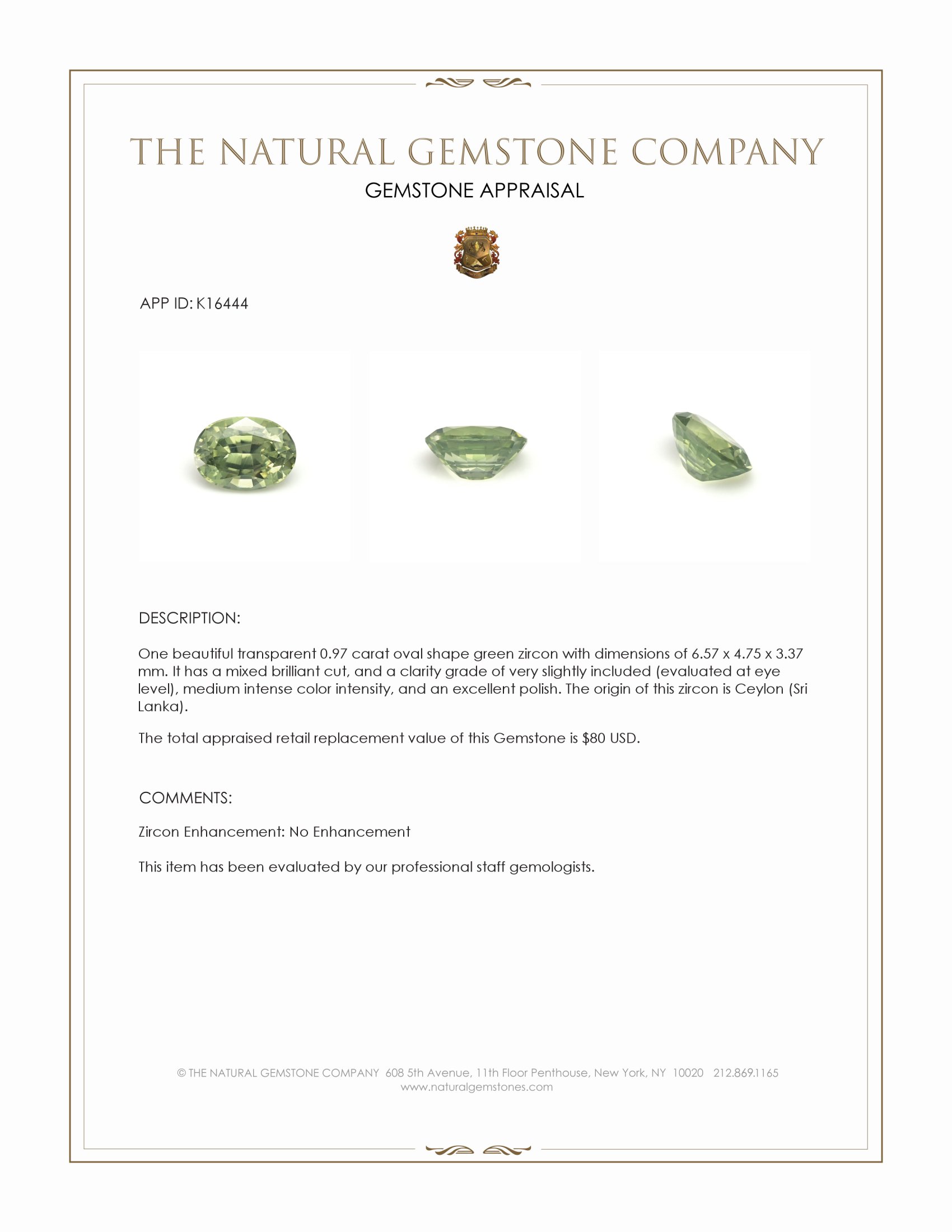 0.97 Ct. Green Zircon from Ceylon (Sri Lanka)
