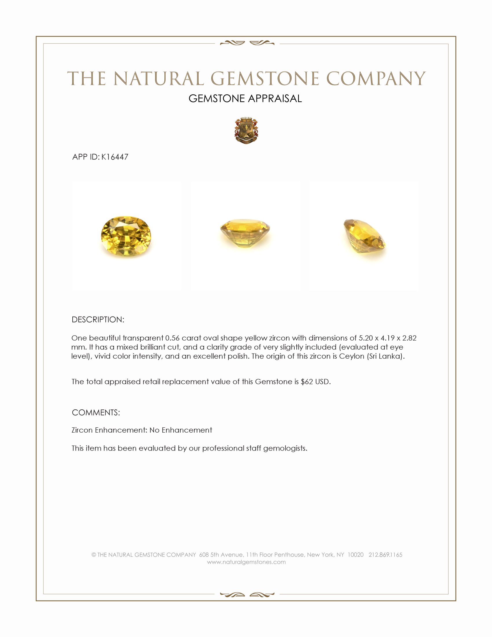 0.56 Ct. Yellow Zircon from Ceylon (Sri Lanka)