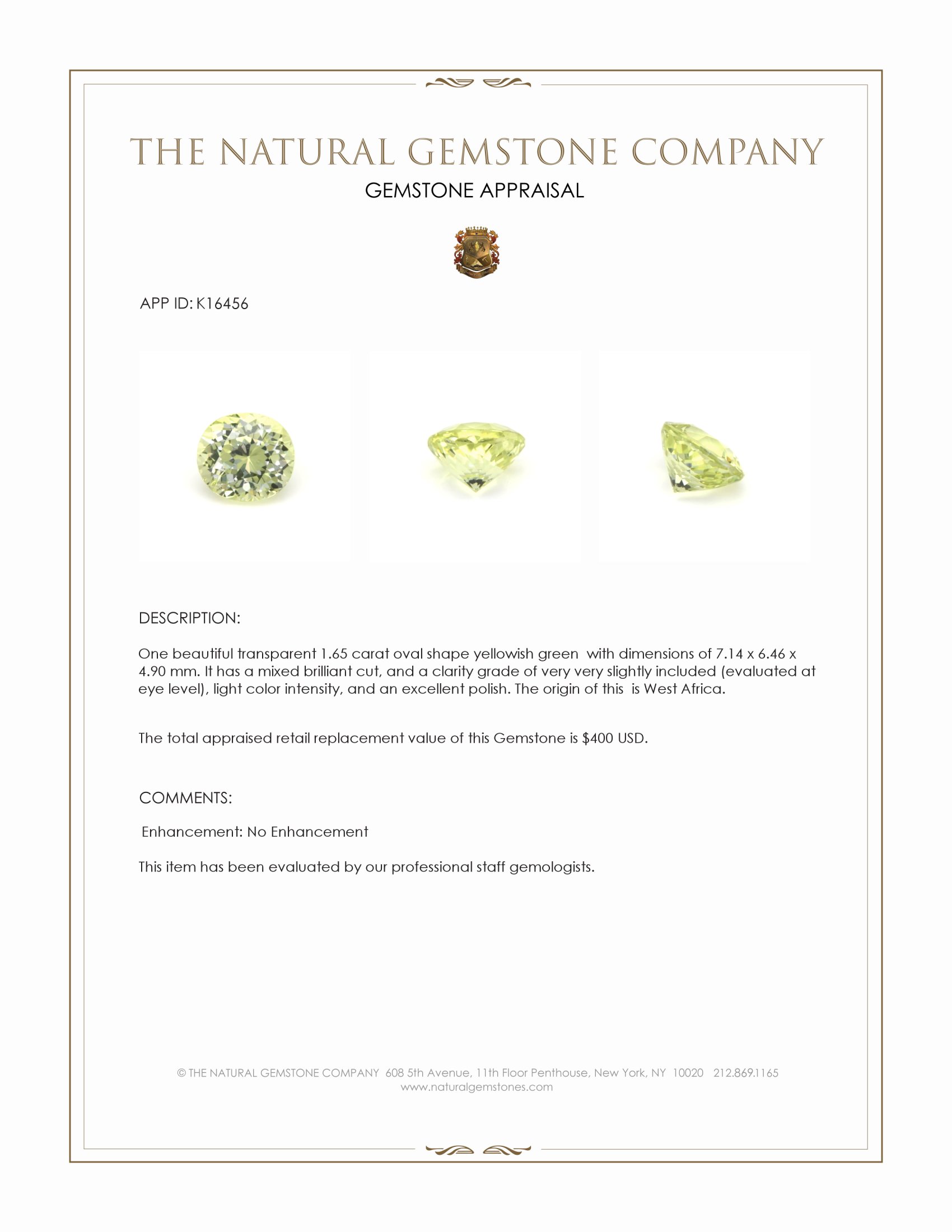 1.65 Ct. Yellowish Green Mali Garnet from West Africa