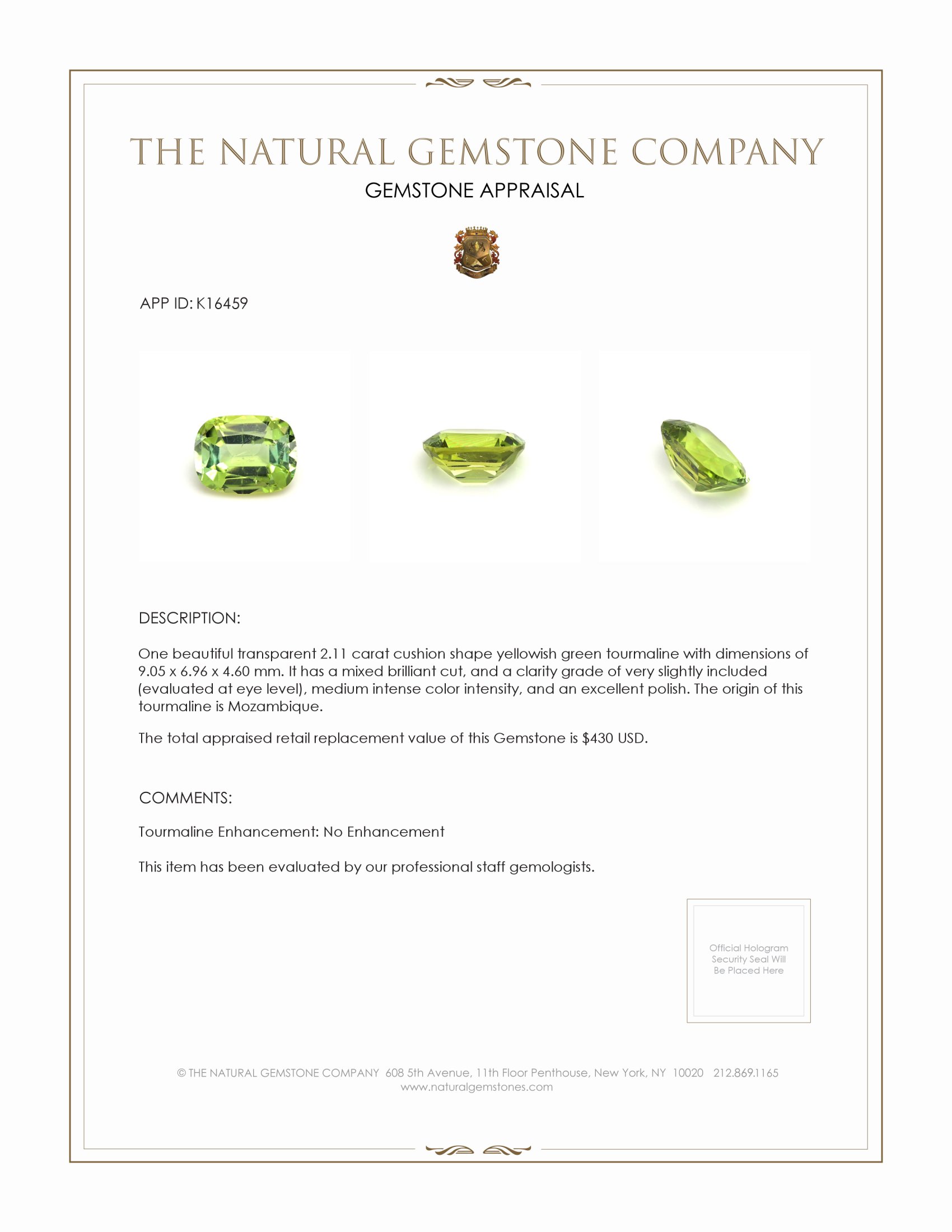 2.11 Ct. Yellowish Green Tourmaline from Mozambique