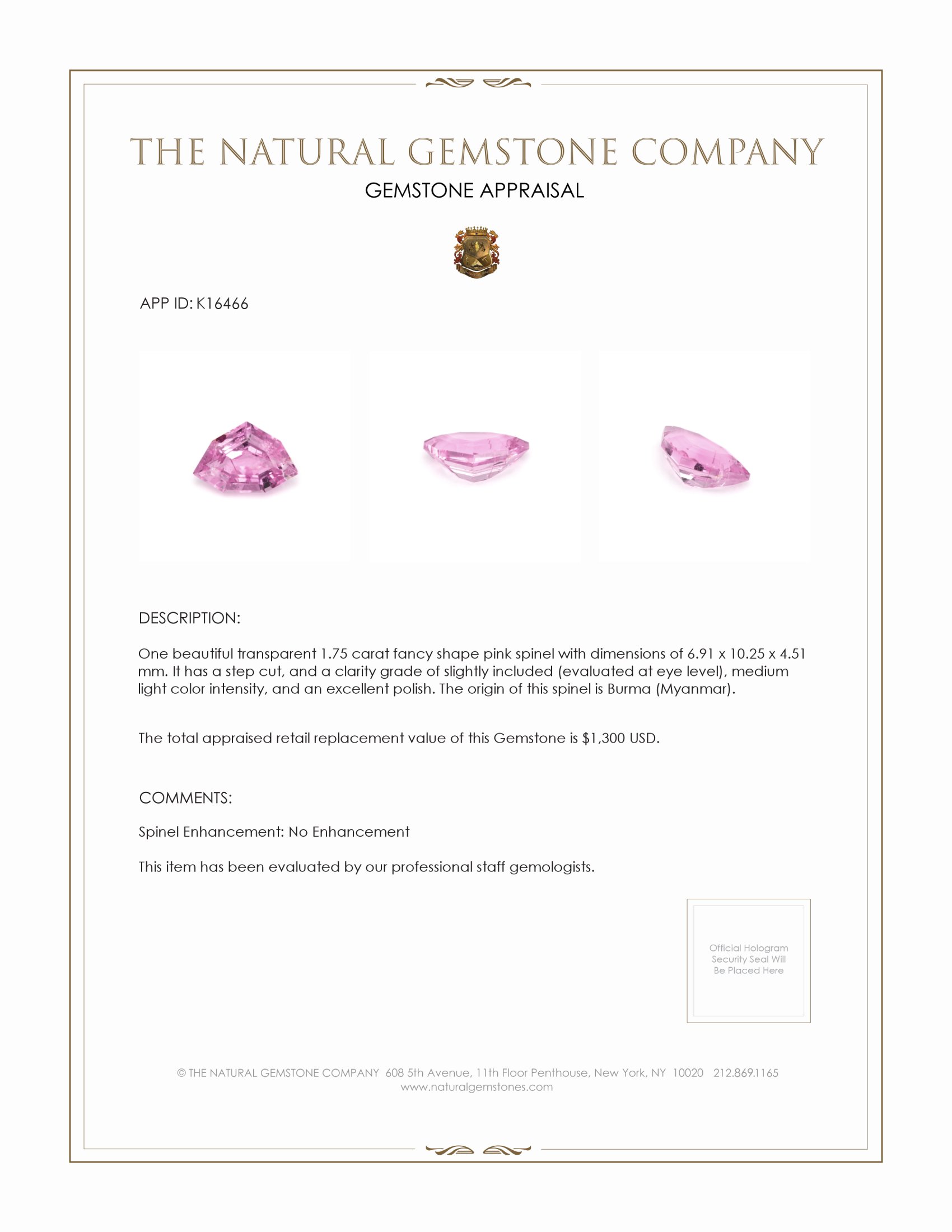 1.75 Ct. Pink Spinel from Burma (Myanmar)