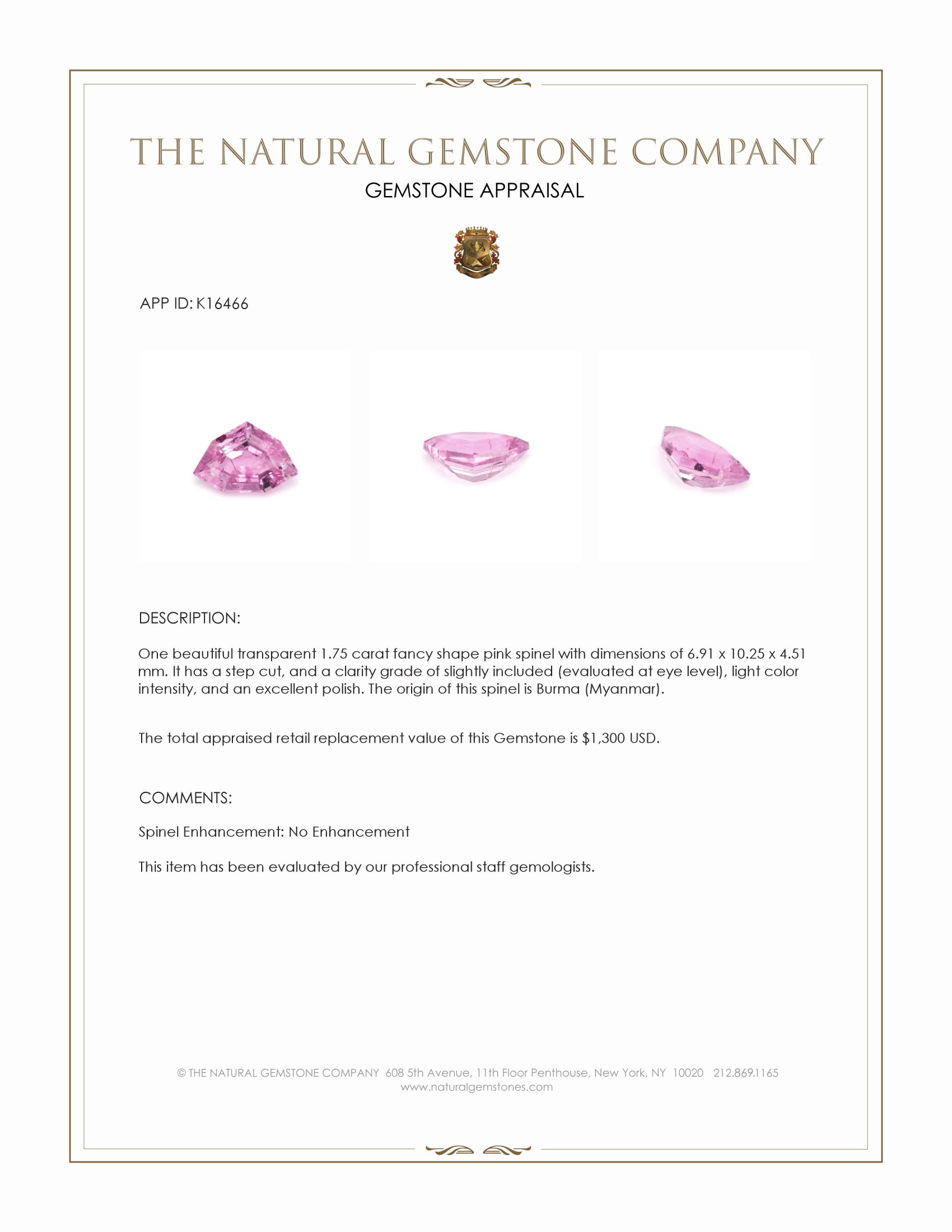 1.75 Ct. Spinel from Burma (Myanmar)