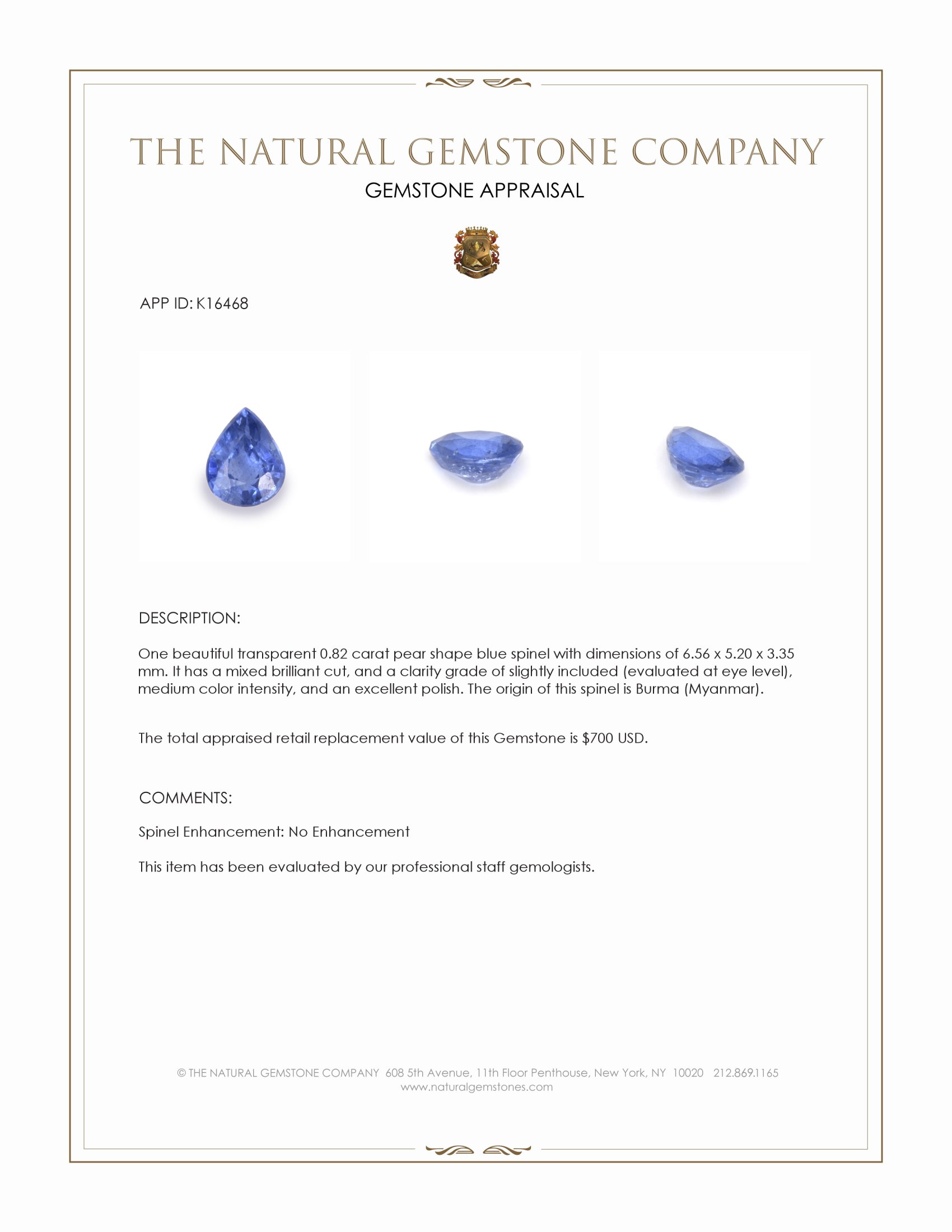 0.82 Ct. Blue Spinel from Burma (Myanmar)