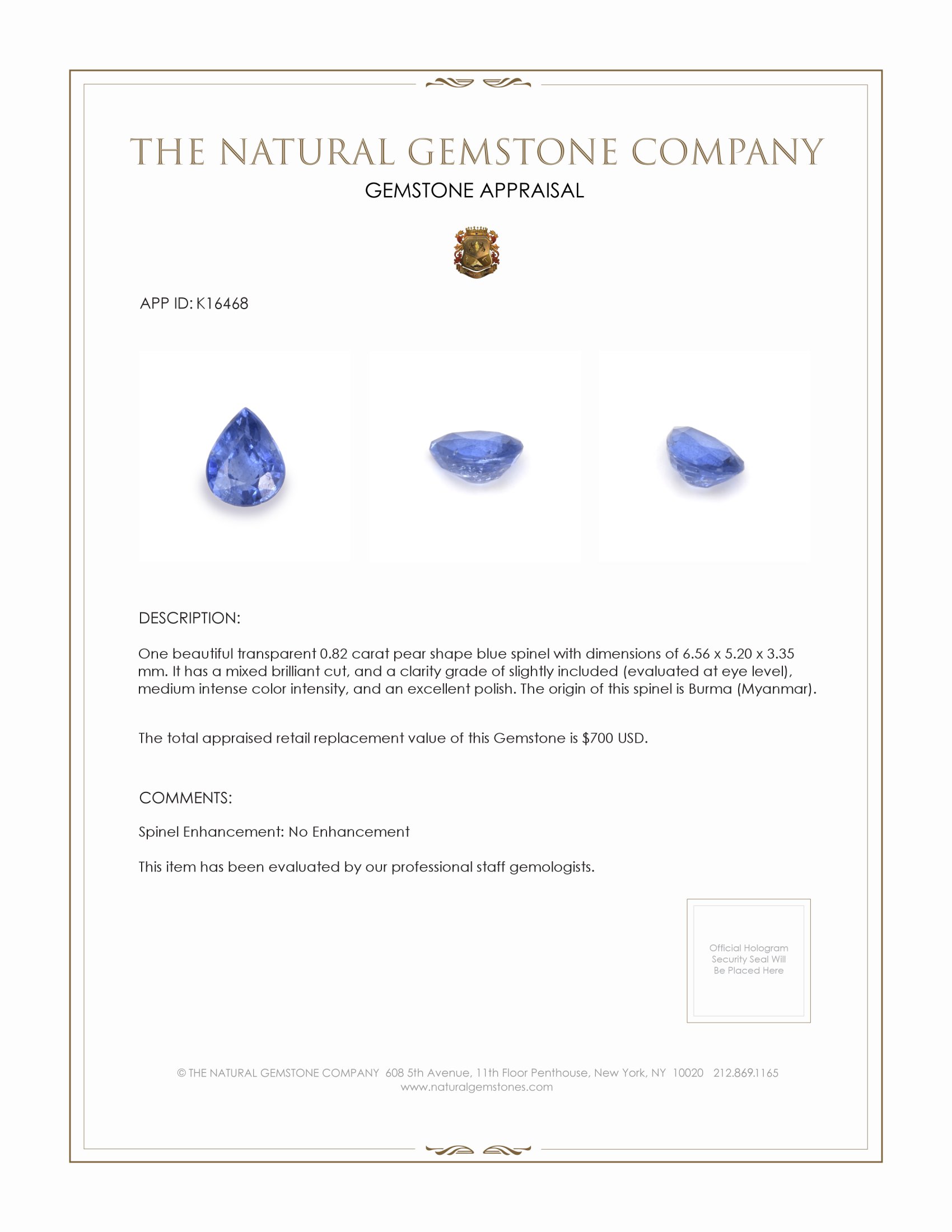 0.82 Ct. Spinel from Burma (Myanmar)