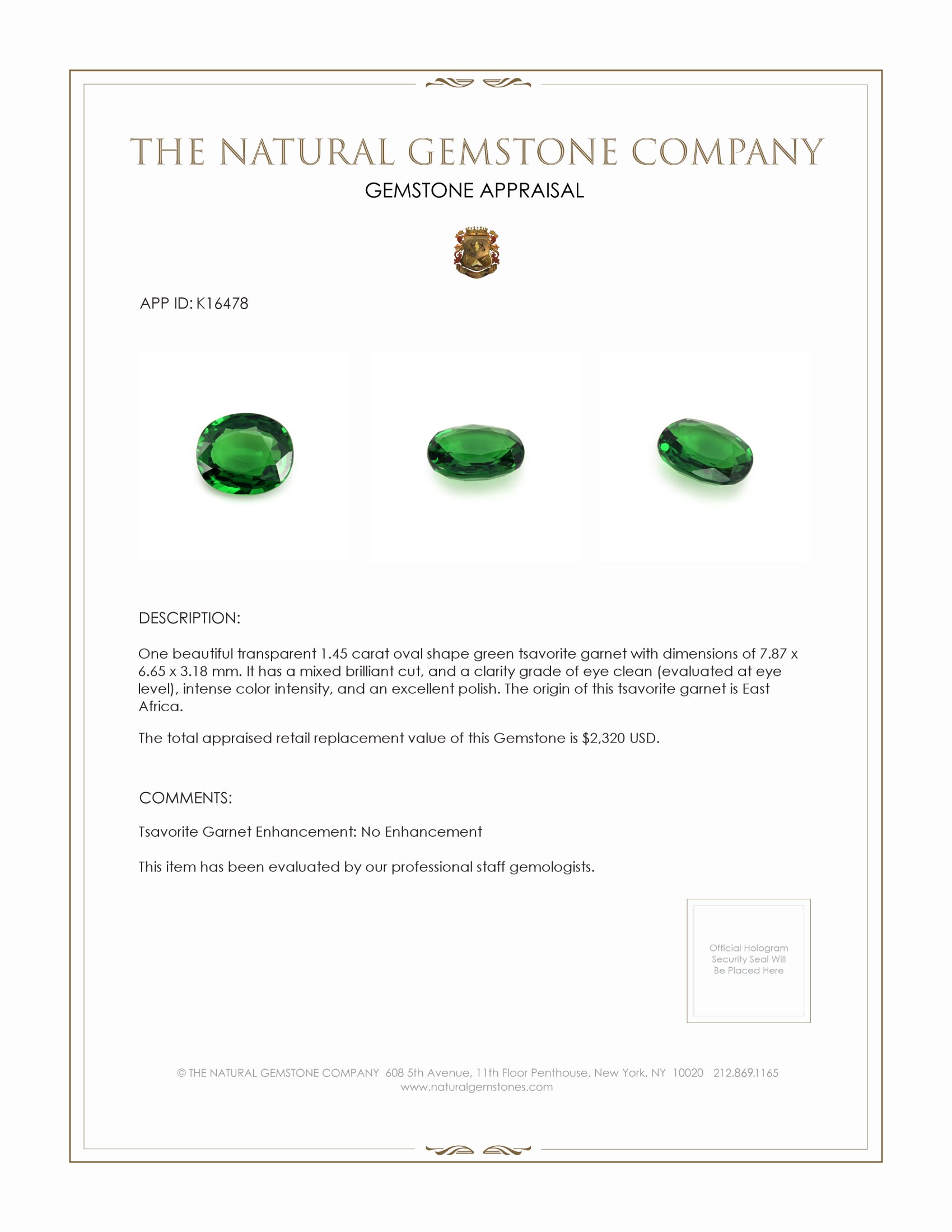 1.45 Ct. Tsavorite Garnet from East Africa