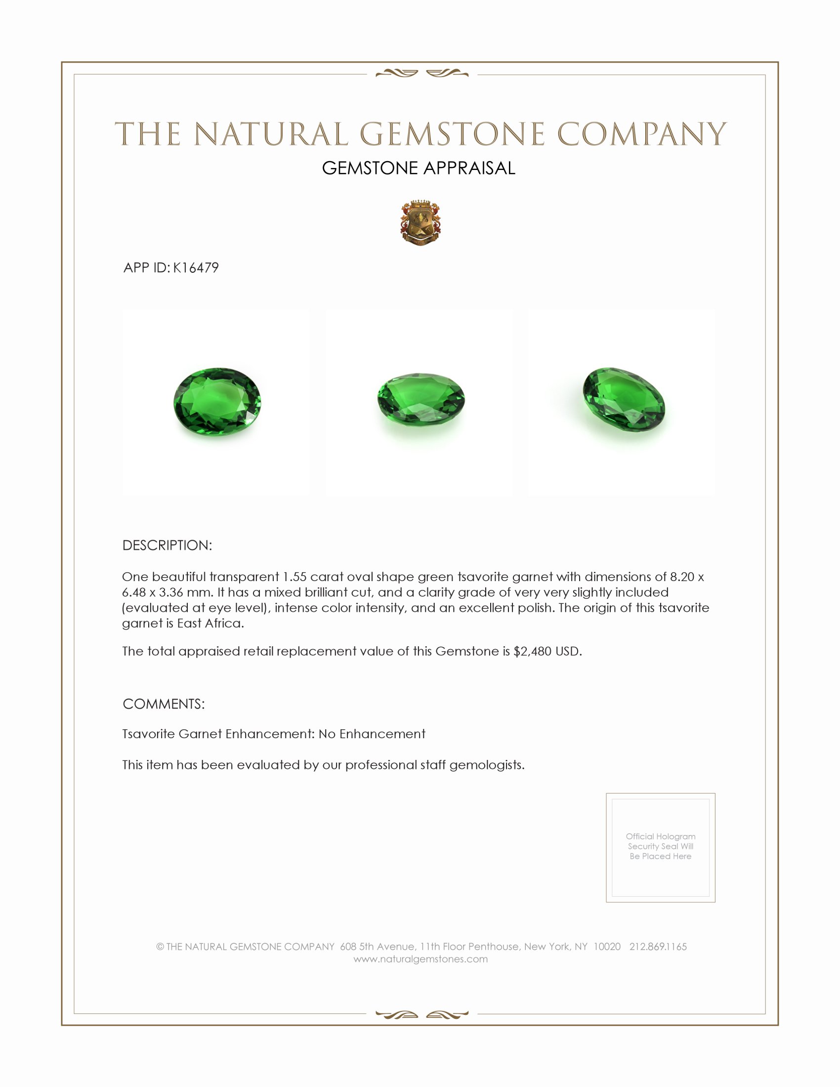 1.55 Ct. Tsavorite Garnet from East Africa