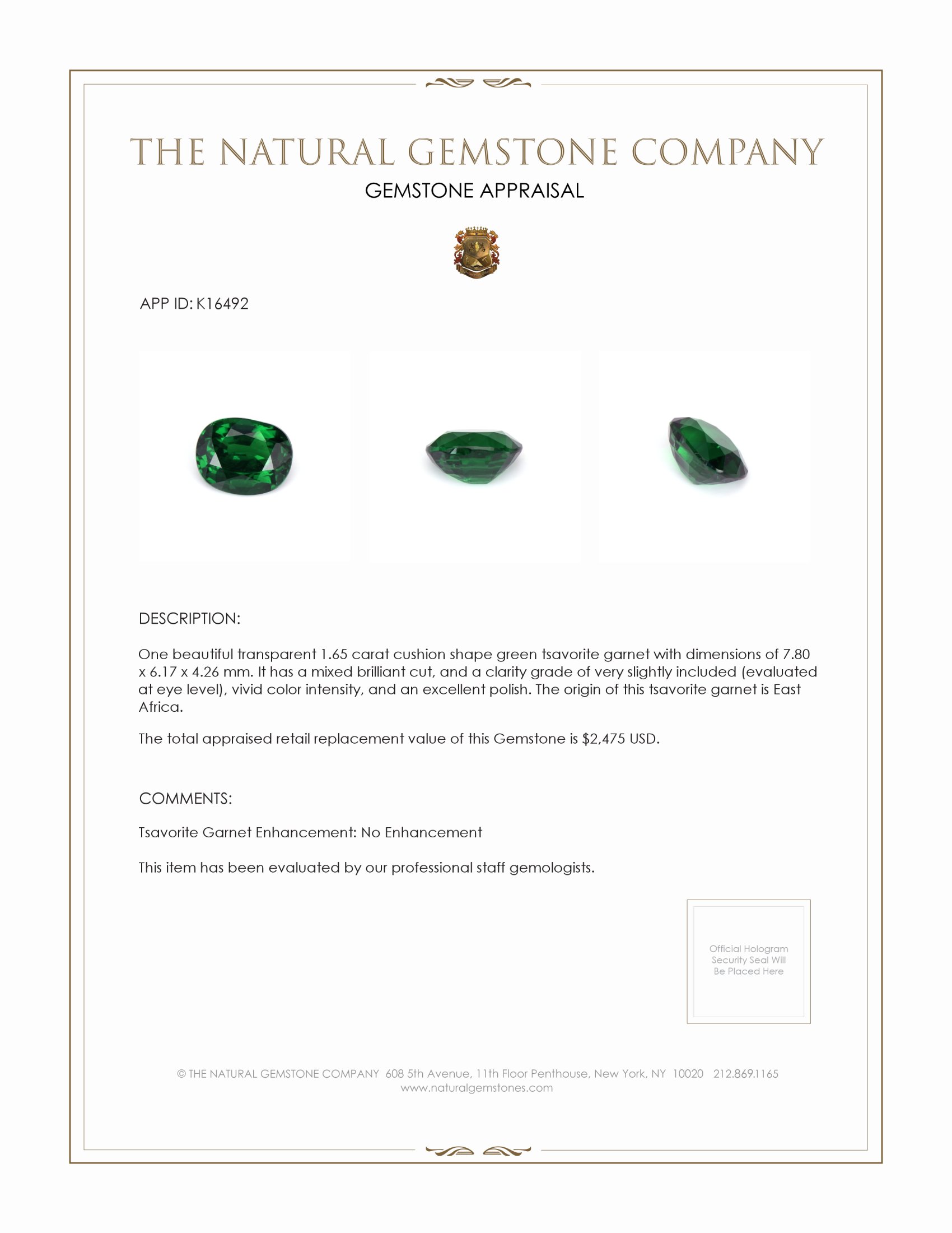 1.65 Ct. Tsavorite Garnet from East Africa