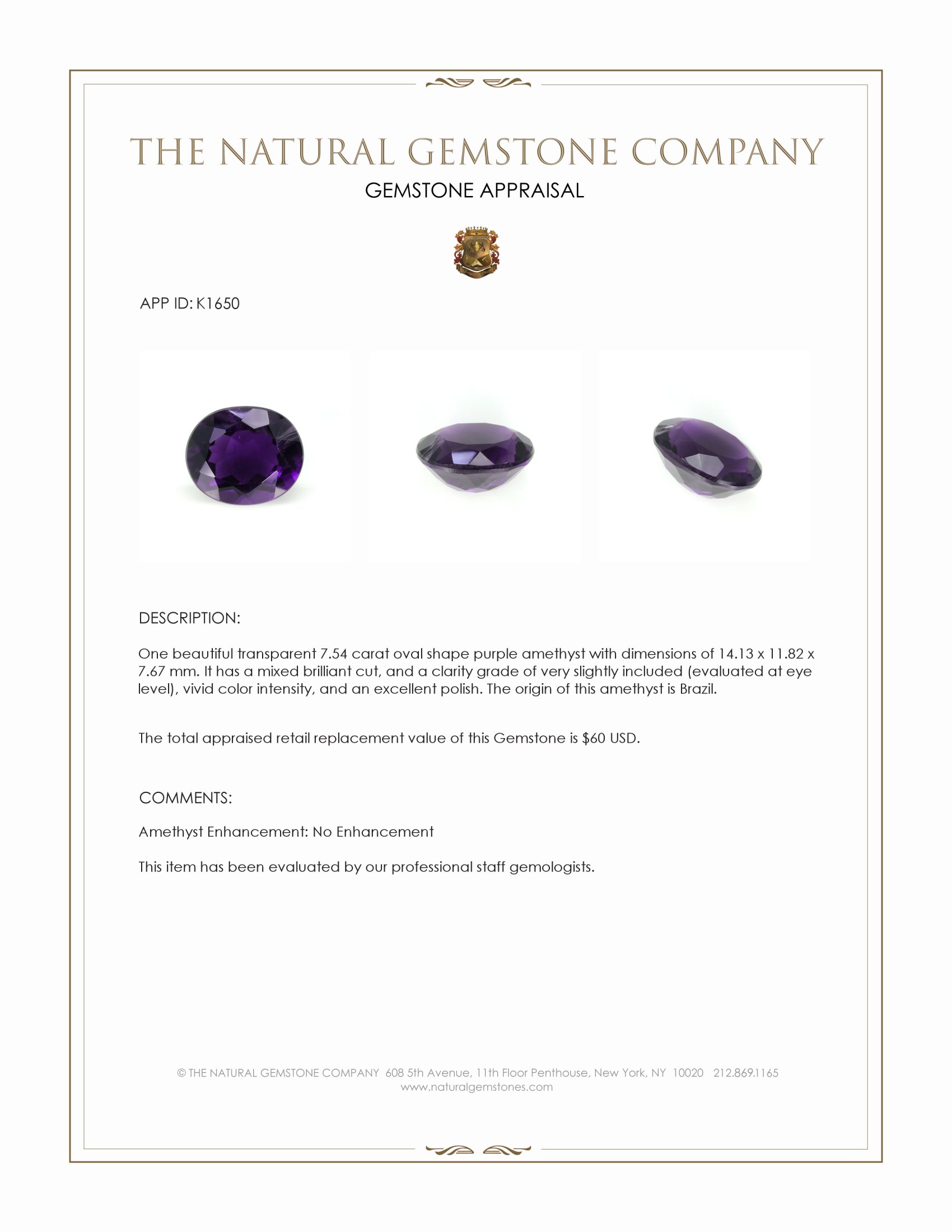 7.54 Ct. Amethyst from Brazil