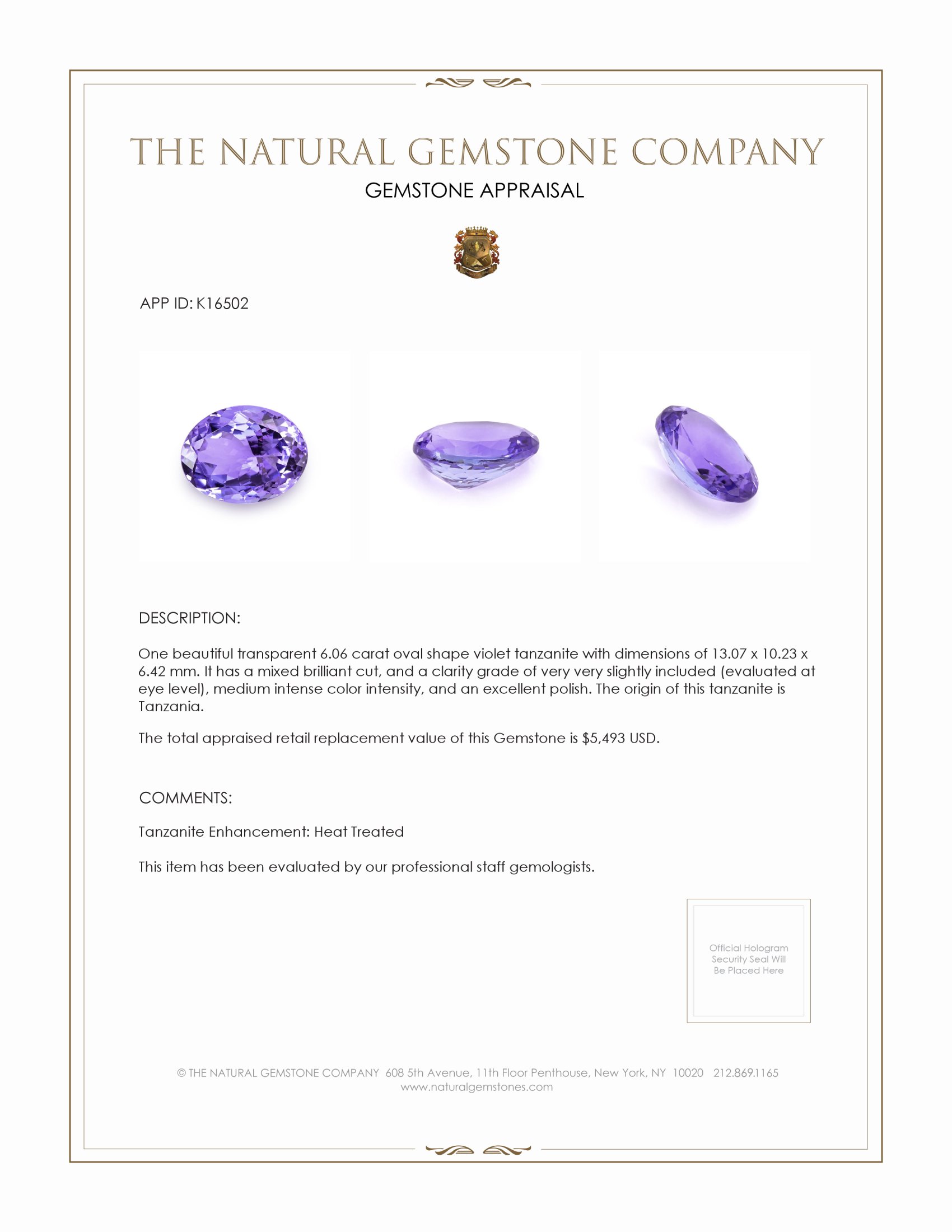 6.06 Ct. Violet Tanzanite from Tanzania