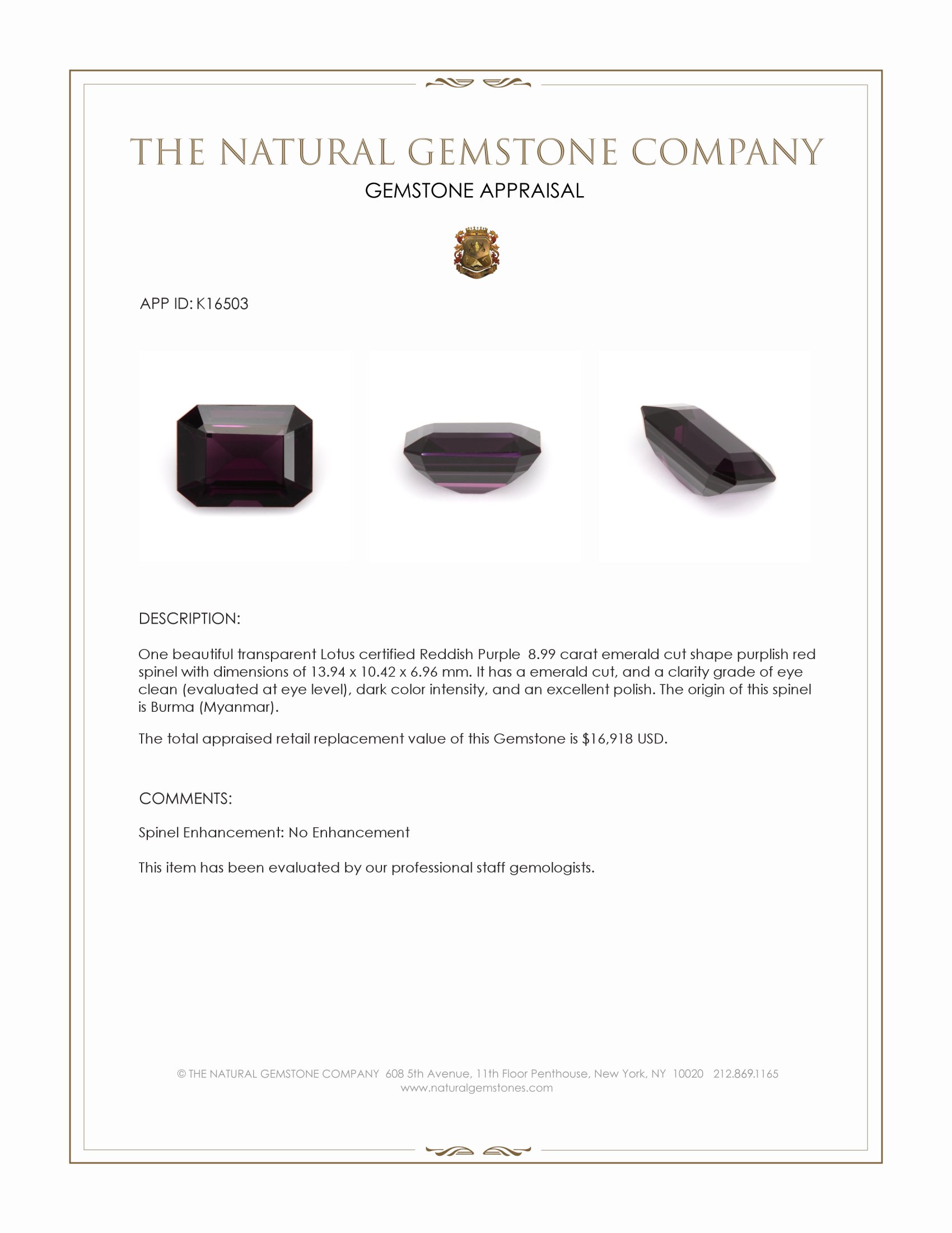 8.99 Ct. Purplish Red Spinel from Burma (Myanmar)