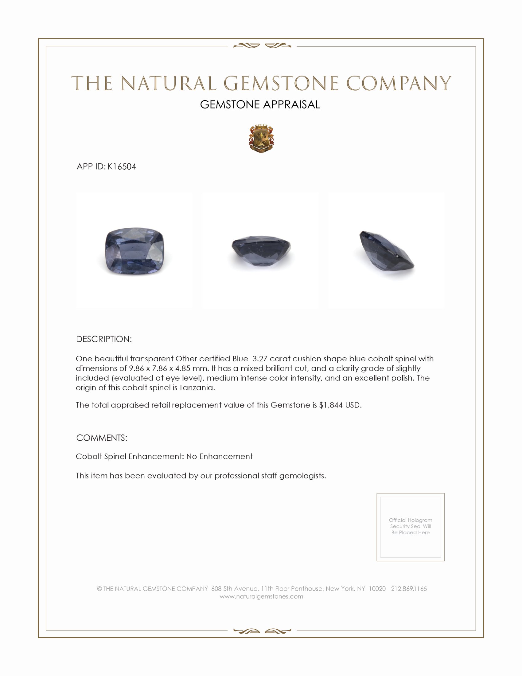 3.27 Ct. Purplish Blue Cobalt Spinel from Tanzania