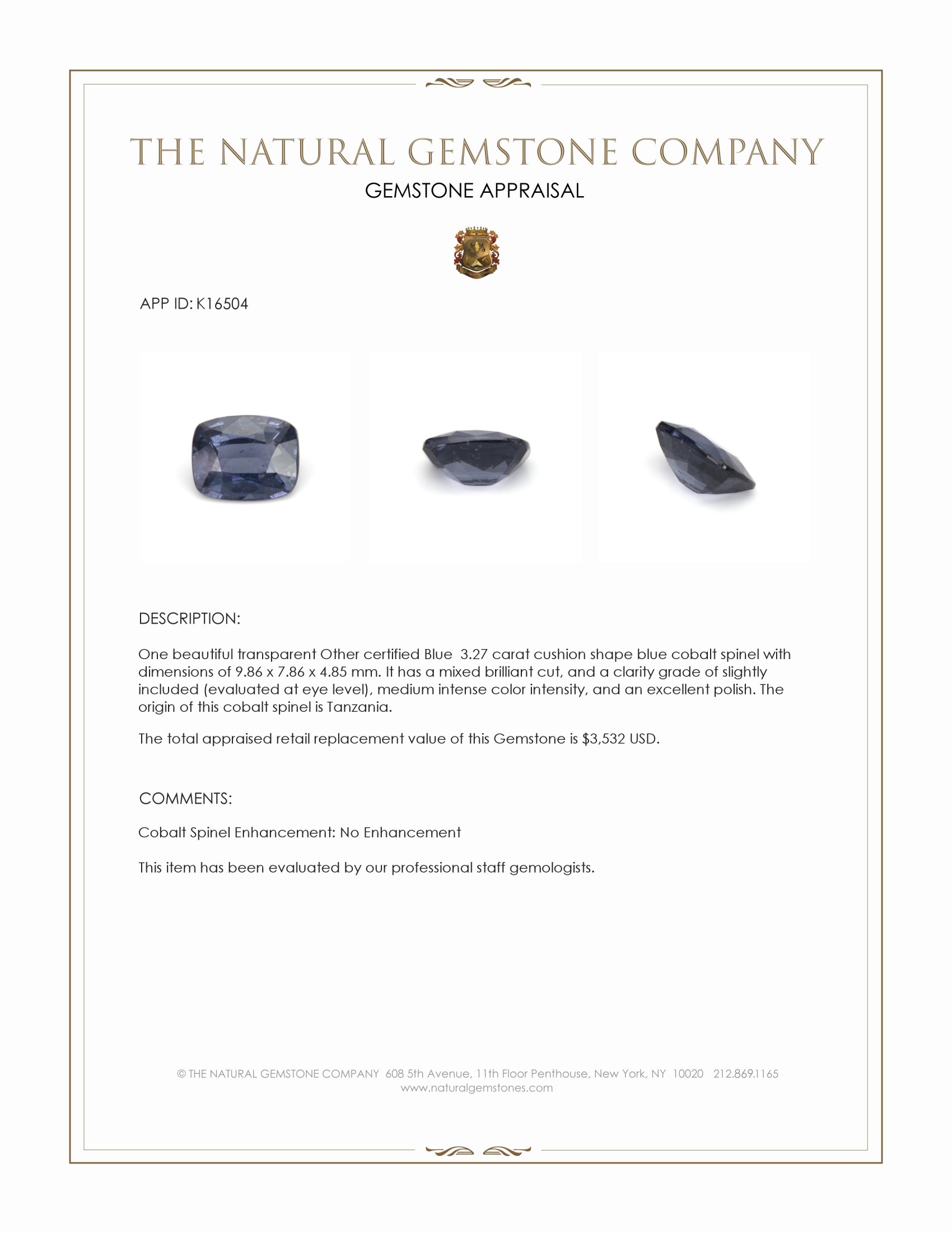 3.27 Ct. Cobalt Spinel from Tanzania