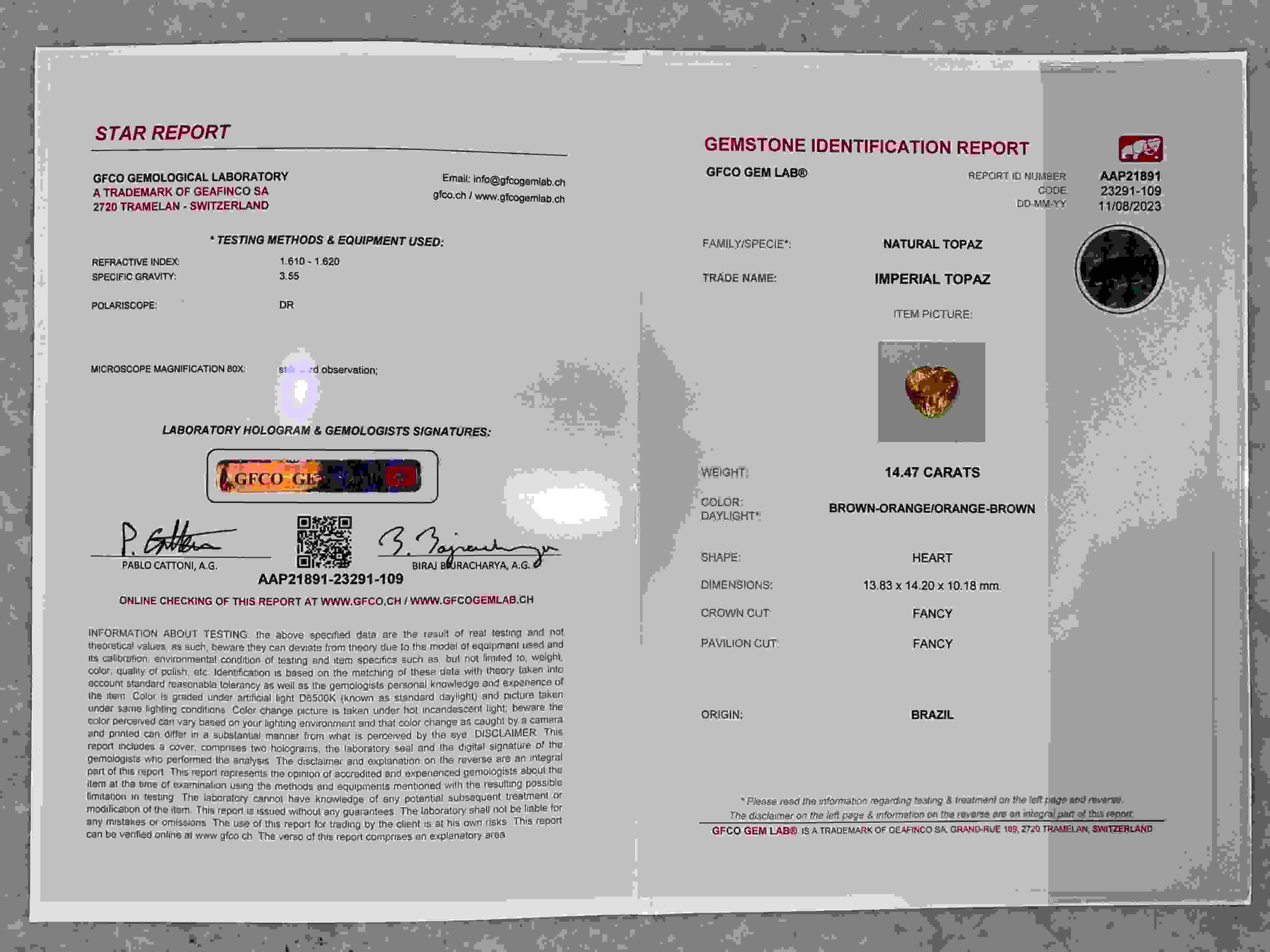 14.47 Ct. Imperial Topaz from Brazil